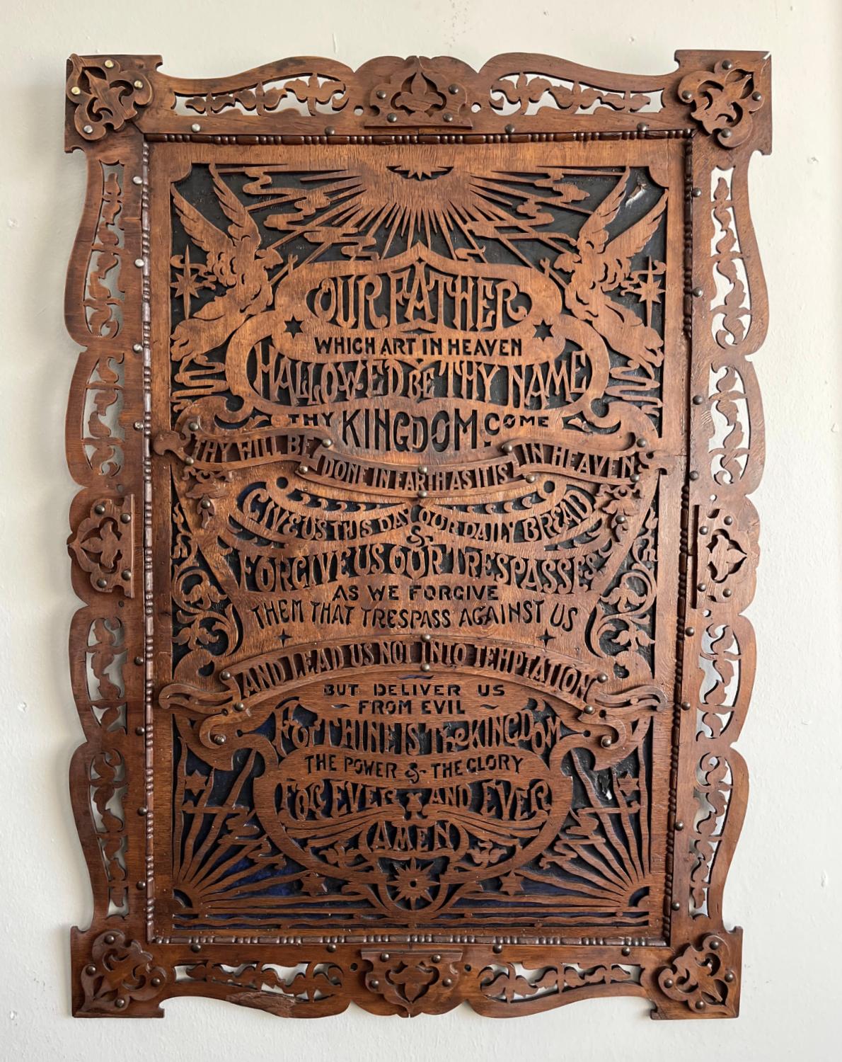 Victorian English Oak Wood Laubsägearbeiten Religiöse The Lord's Prayer Wandkunst Antike im Angebot 5
