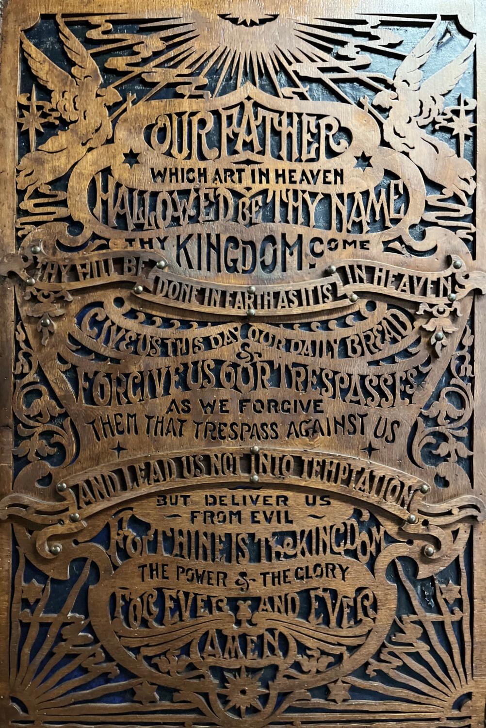 Victorian English Oak Wood Laubsägearbeiten Religiöse The Lord's Prayer Wandkunst Antike im Angebot 6