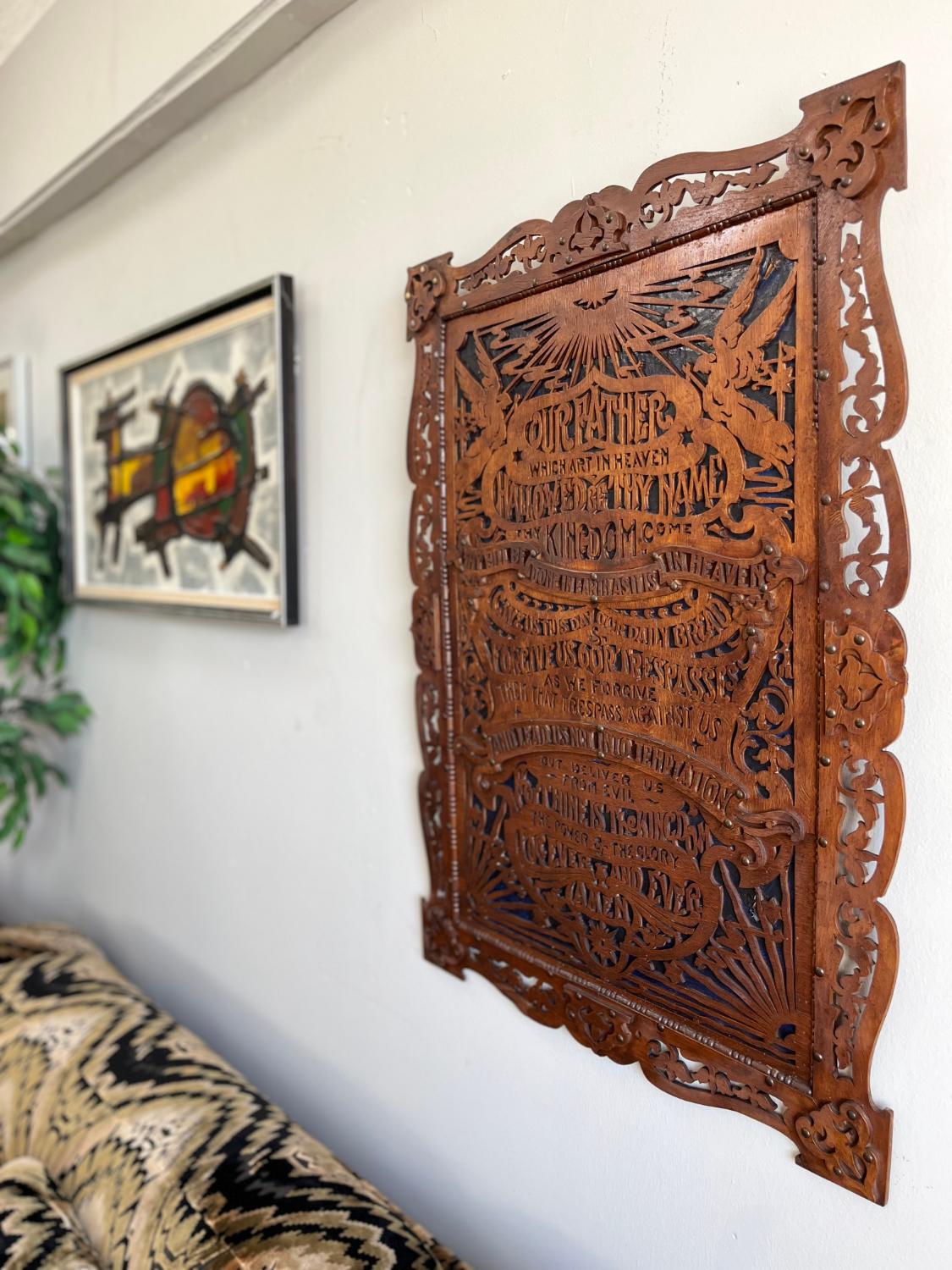 Victorian English Oak Wood Laubsägearbeiten Religiöse The Lord's Prayer Wandkunst Antike (19. Jahrhundert) im Angebot