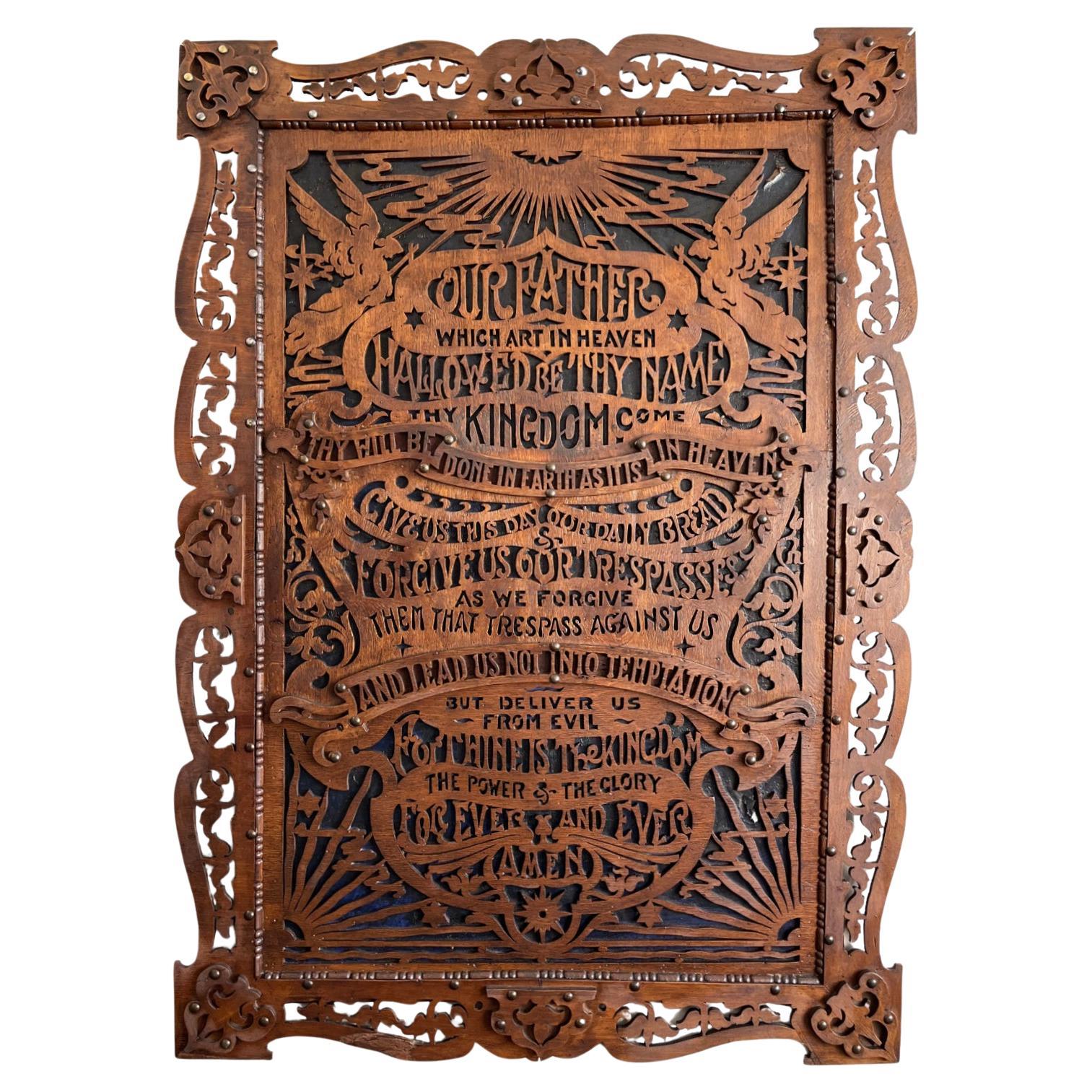 Victorian English Oak Wood Laubsägearbeiten Religiöse The Lord's Prayer Wandkunst Antike im Angebot