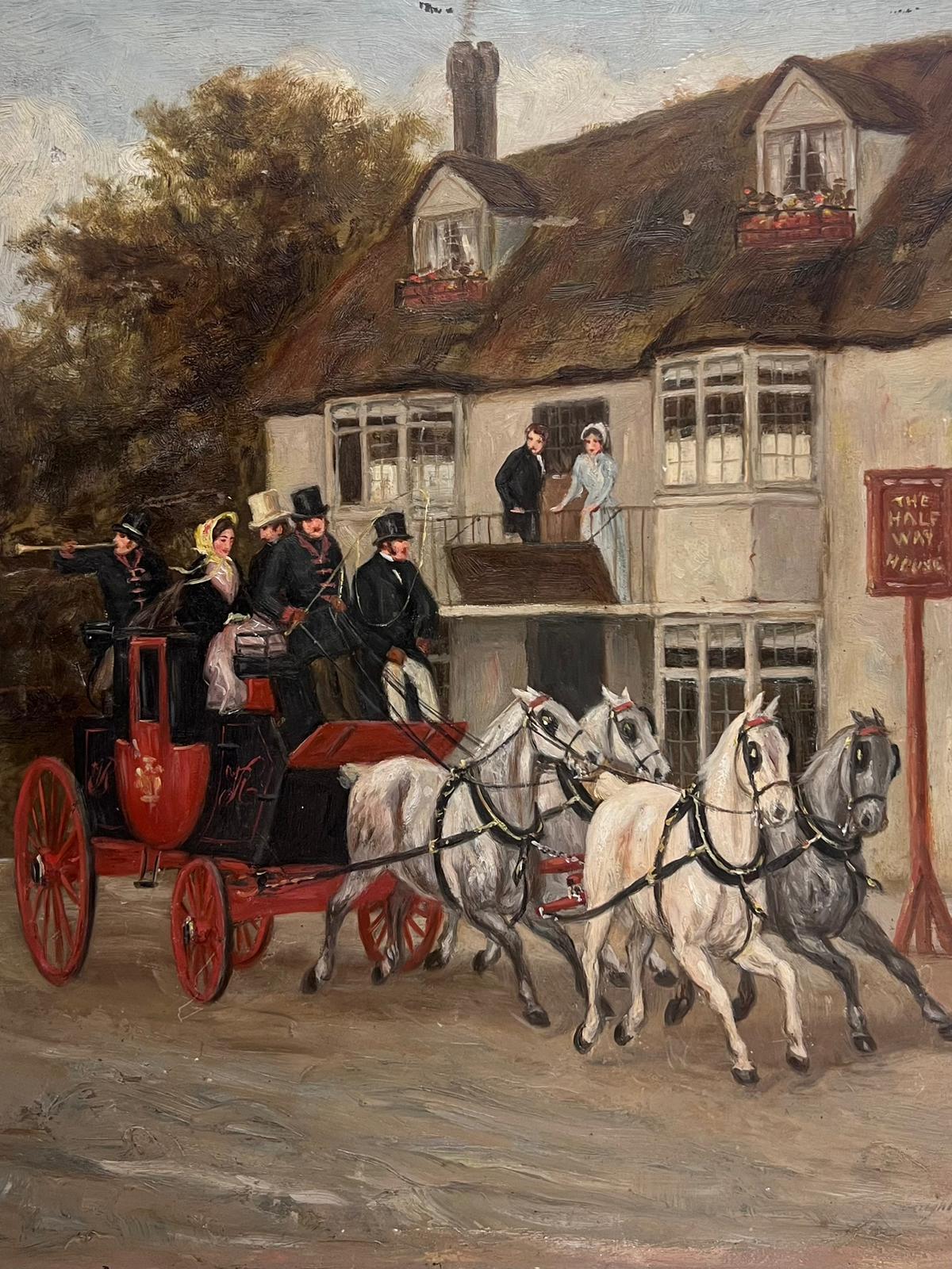 Peinture à l'huile d'un cheval d'accompagnement anglais du 19ème siècle  Chariots à l'extérieur de la taverne - Victorien Painting par Victorian English Oil 