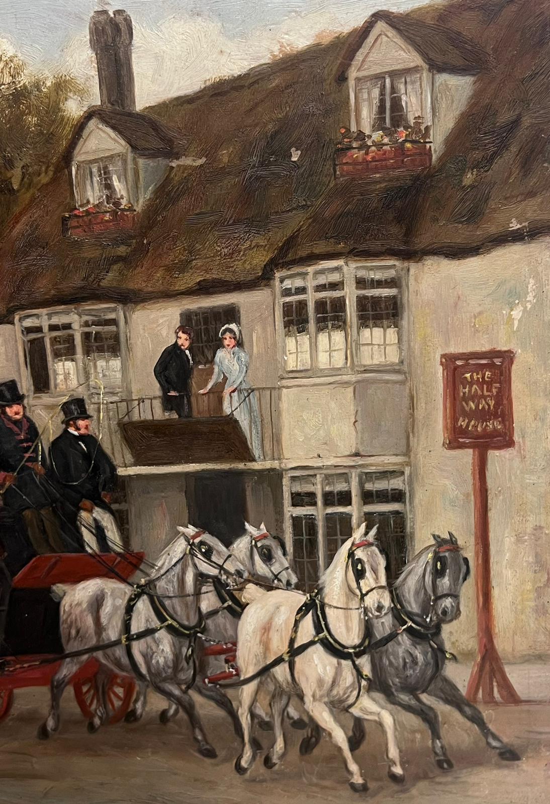 Peinture à l'huile d'un cheval d'accompagnement anglais du 19ème siècle  Chariots à l'extérieur de la taverne - Marron Figurative Painting par Victorian English Oil 
