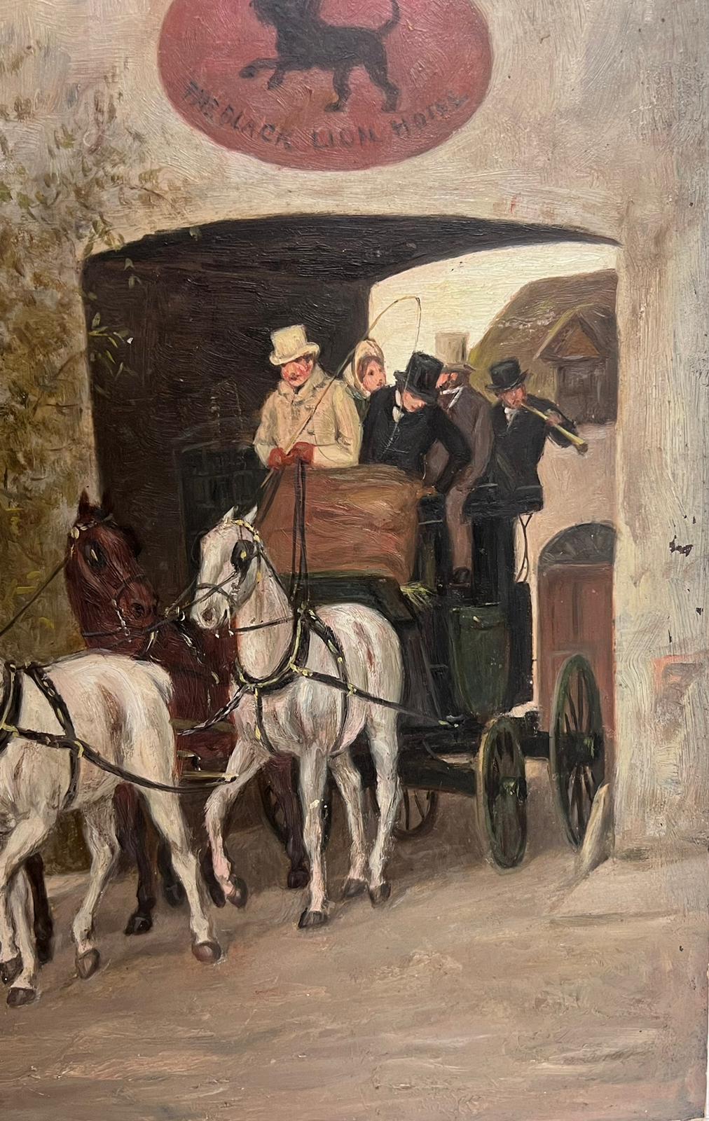 19th Century English Coaching Scene Oil Painting Horse Carriages outside Tavern For Sale 1
