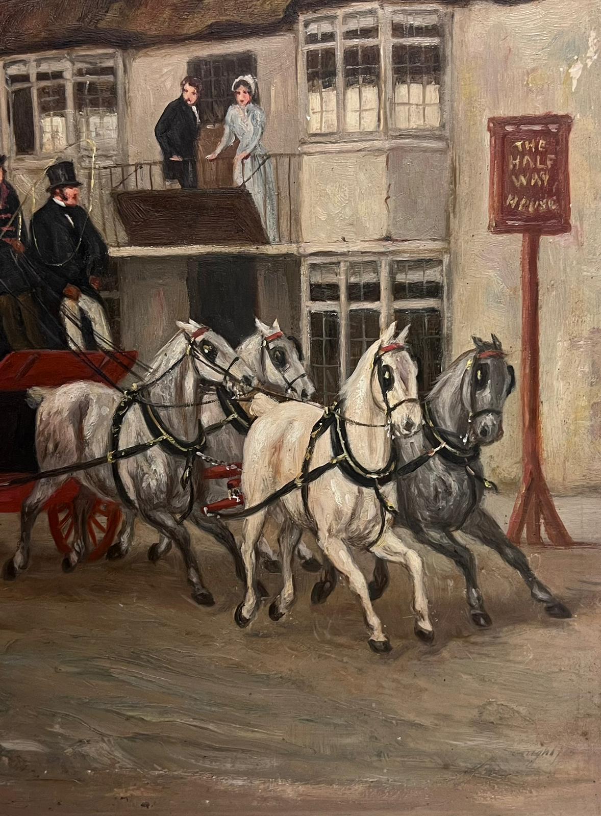 19th Century English Coaching Scene Oil Painting Horse  Carriages outside Tavern For Sale 3