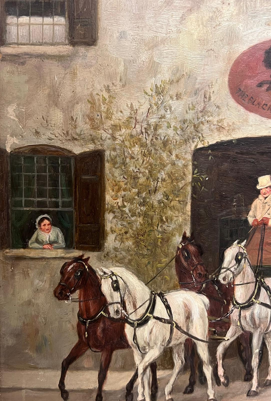 19th Century English Coaching Scene Oil Painting Horse Carriages outside Tavern For Sale 2