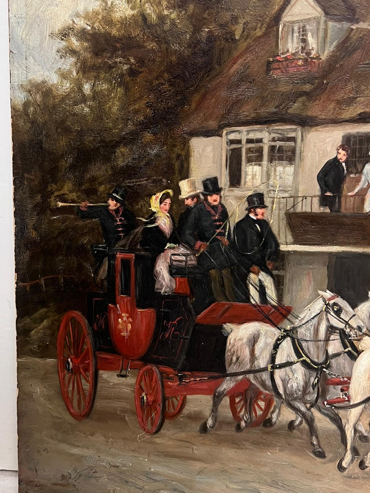 19th Century English Coaching Scene Oil Painting Horse  Carriages outside Tavern For Sale 4