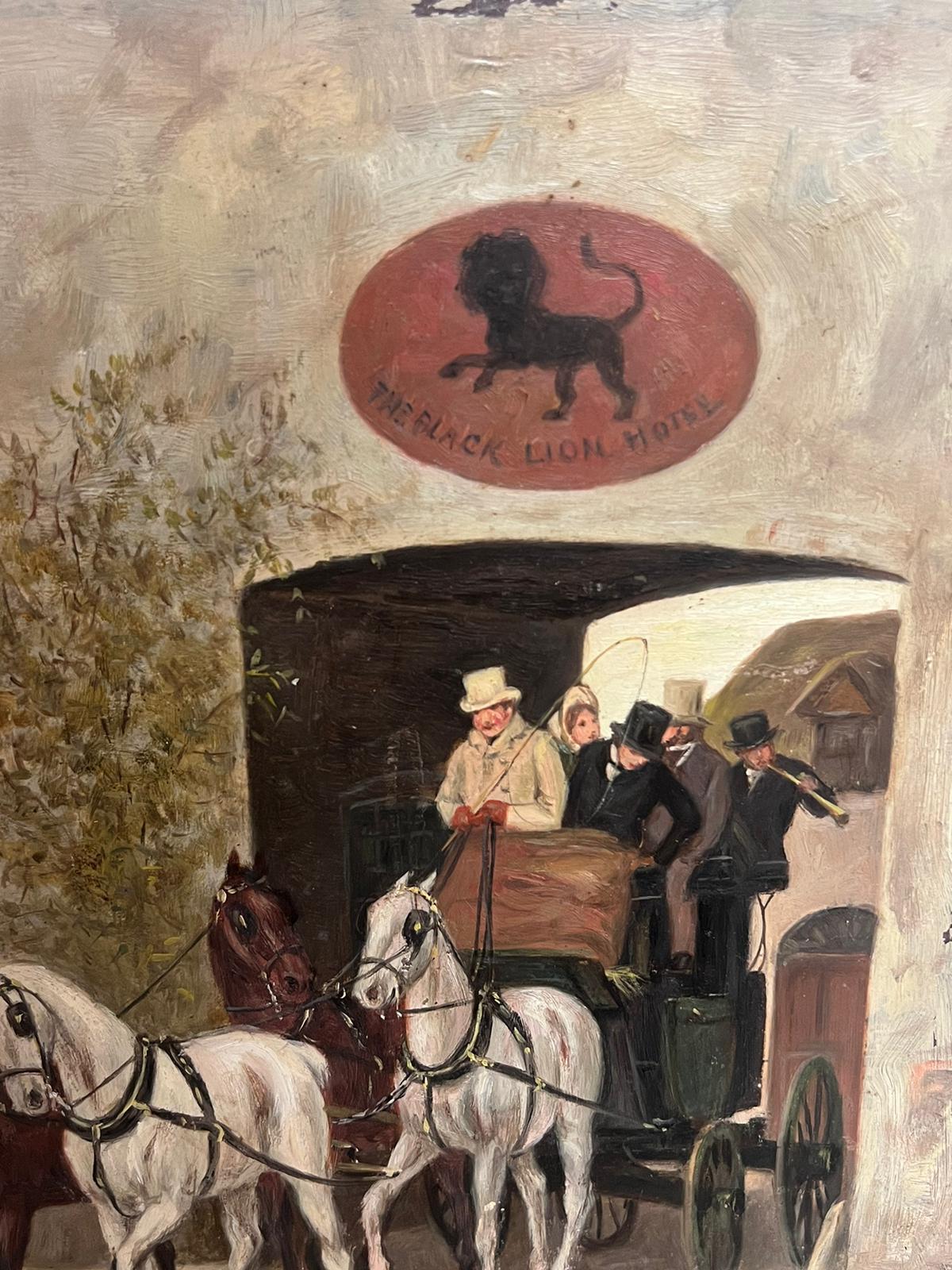 19th Century English Coaching Scene Oil Painting Horse Carriages outside Tavern For Sale 4
