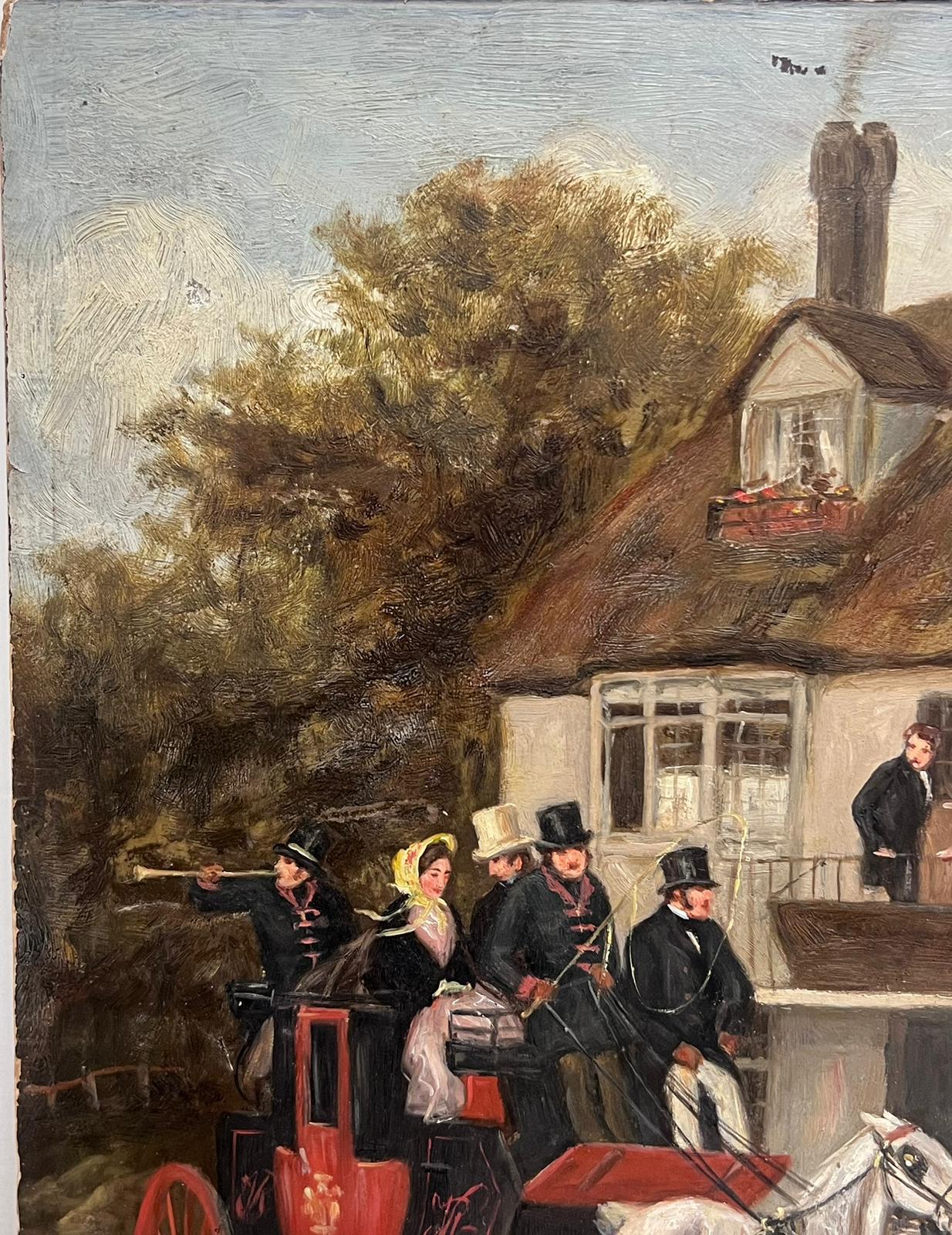 19th Century English Coaching Scene Oil Painting Horse  Carriages outside Tavern For Sale 4