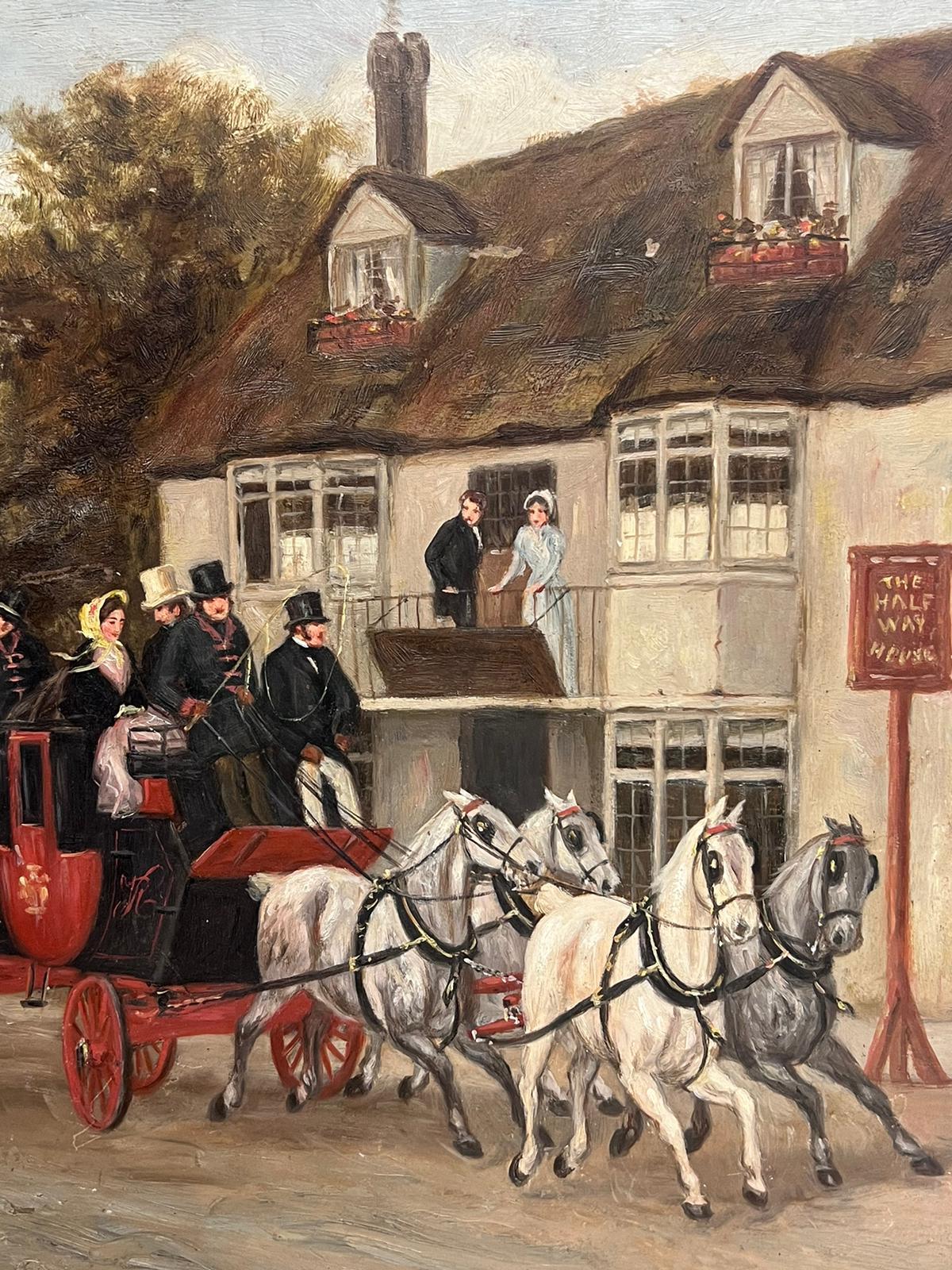 19th Century English Coaching Scene Oil Painting Horse  Carriages outside Tavern For Sale 6