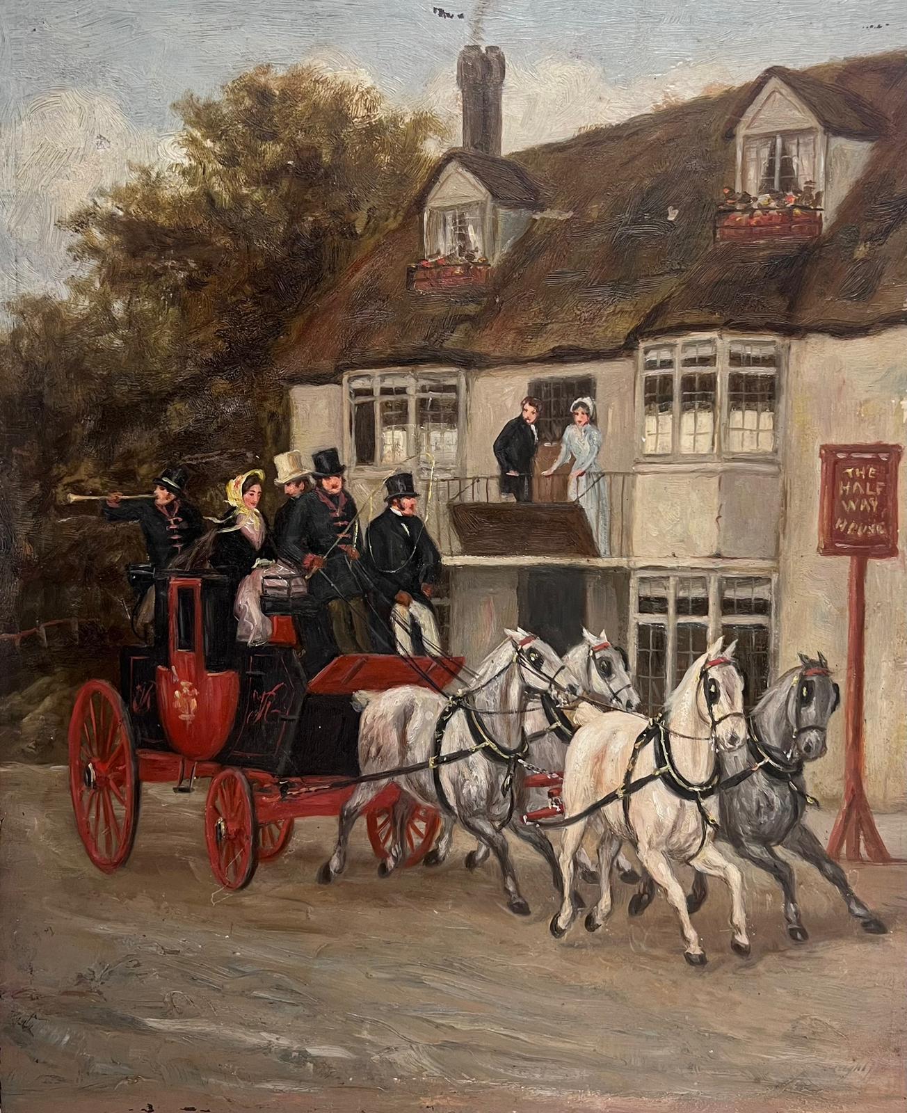 Victorian English Oil  Figurative Painting - 19th Century English Coaching Scene Oil Painting Horse  Carriages outside Tavern