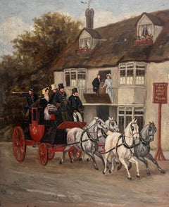 Used 19th Century English Coaching Scene Oil Painting Horse  Carriages outside Tavern