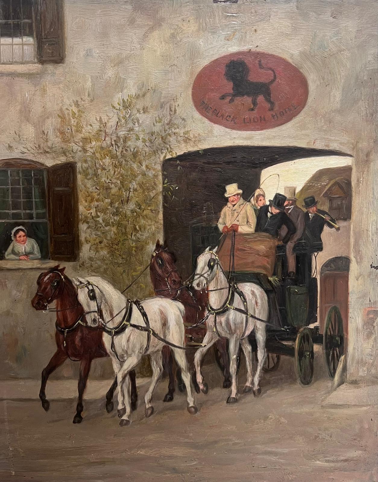 Victorian English Oil  Landscape Painting – Englische Coaching-Szene des 19. Jahrhunderts, Ölgemälde, Pferdekutschen außerhalb der Tavern