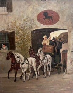 Peinture à l'huile d'une scène de Coach anglaise du 19e siècle, voitures à cheval à l'extérieur d'une taverne