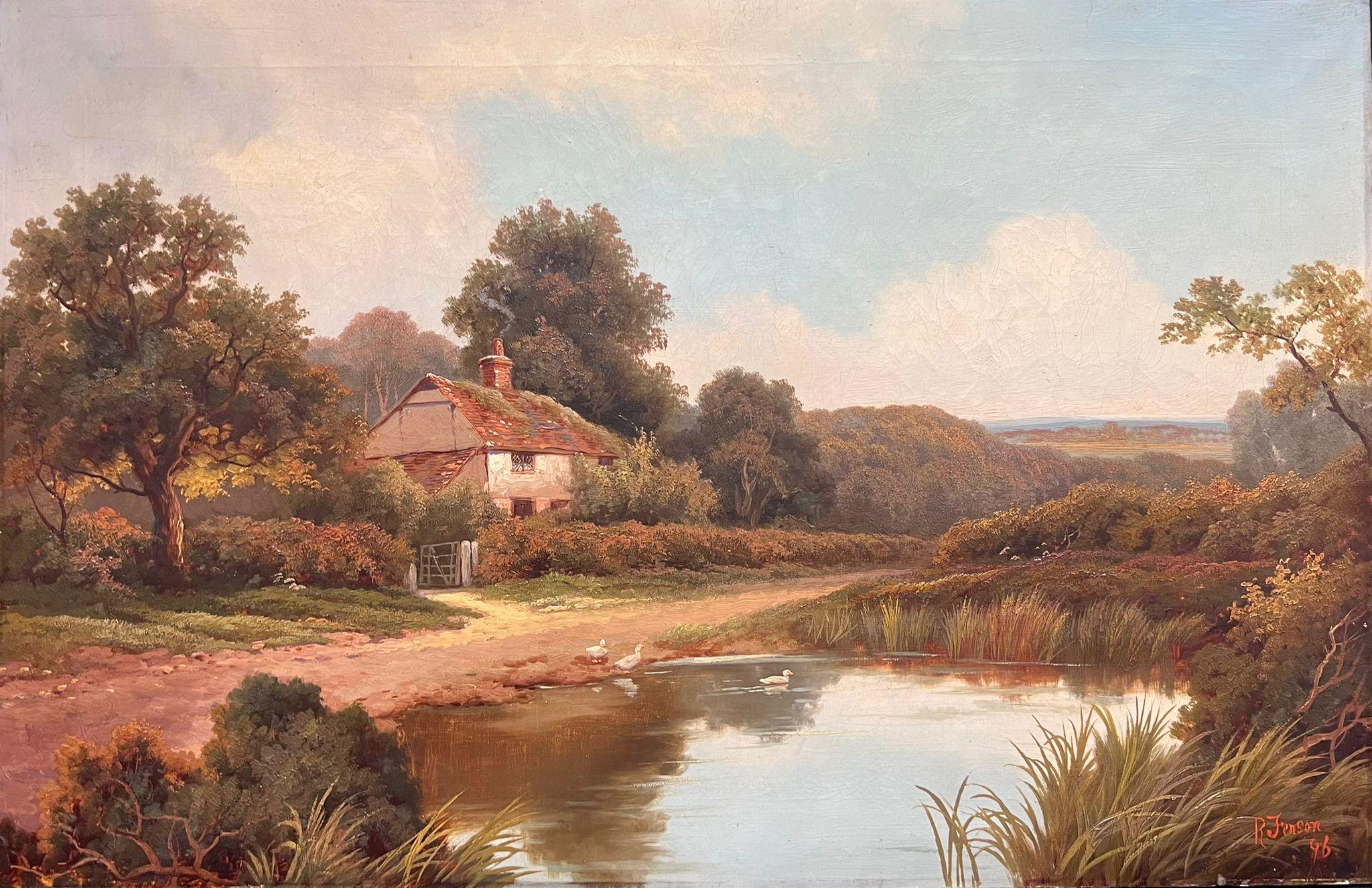 Landscape Painting Victorian English Oil  - Cottage anglais du 19ème siècle signé par le Village Duck Pond 1896