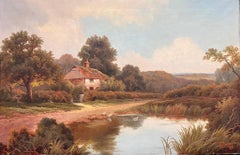 Siglo XIX Pintura al óleo inglesa firmada Cottage by the Village Duck Pond 1896