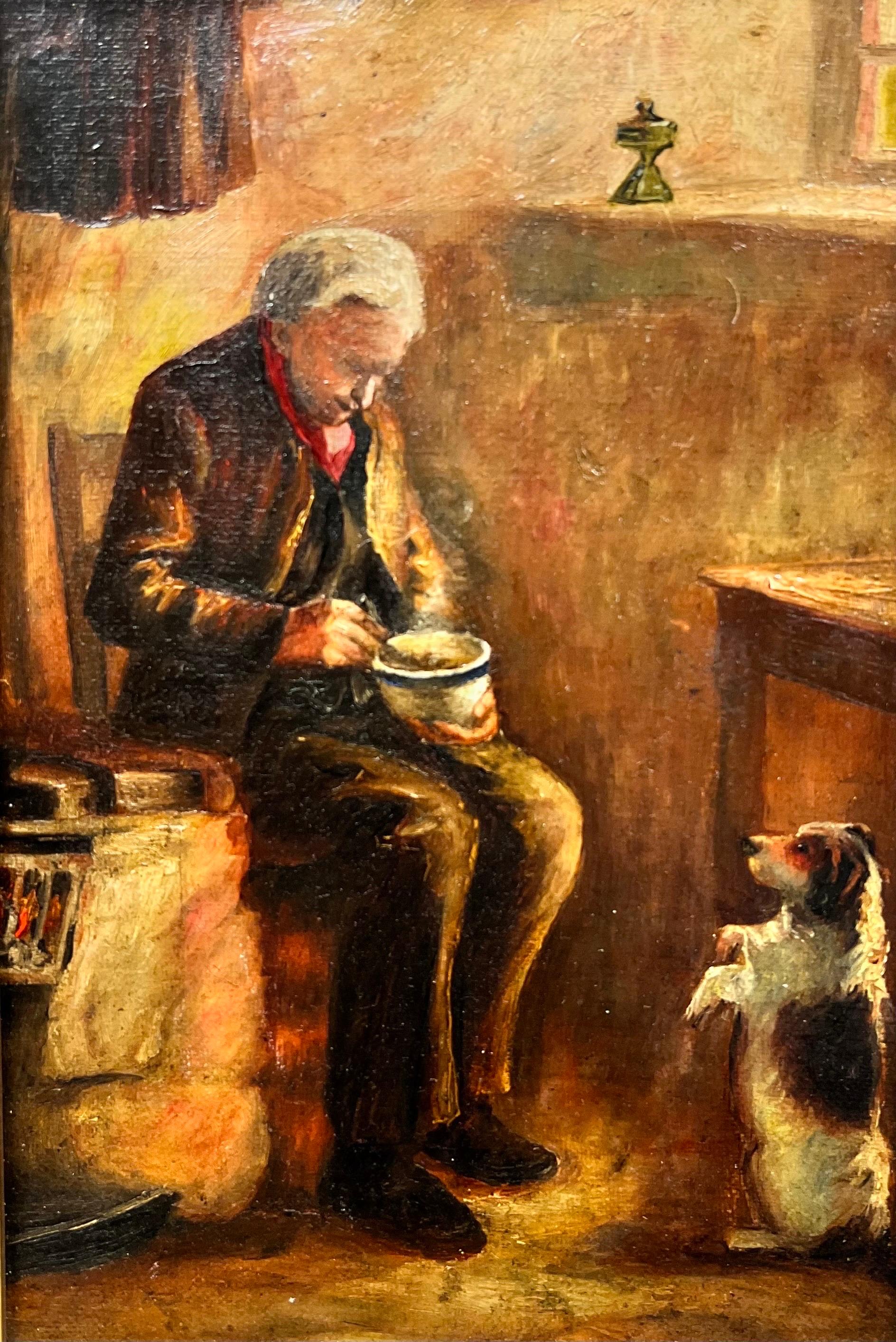 Antique English Oil Man in Cottage Interior Feeding his Dog, framed painting - Painting by Victorian English Oil 