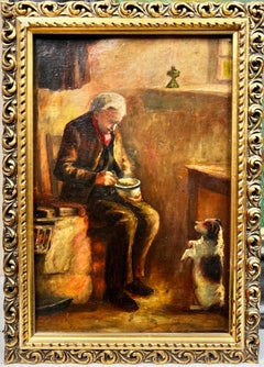 Antique English Oil Man in Cottage Interior Feeding his Dog, framed painting