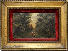 Antique English Oil Painting Children Walking through Avenue of Trees Woodland