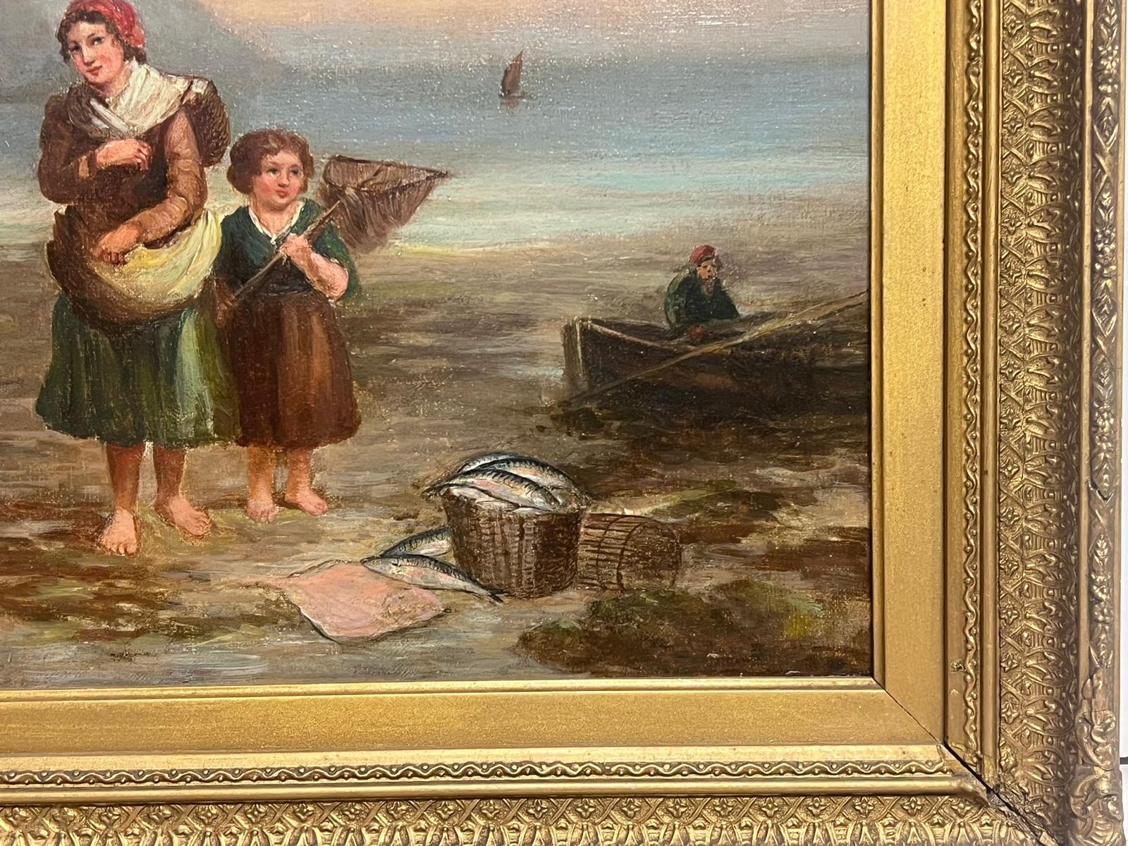 Signed Victorian Oil Painting d.1885 Fisherfolk on Coastal Shore Nets & Catch For Sale 2