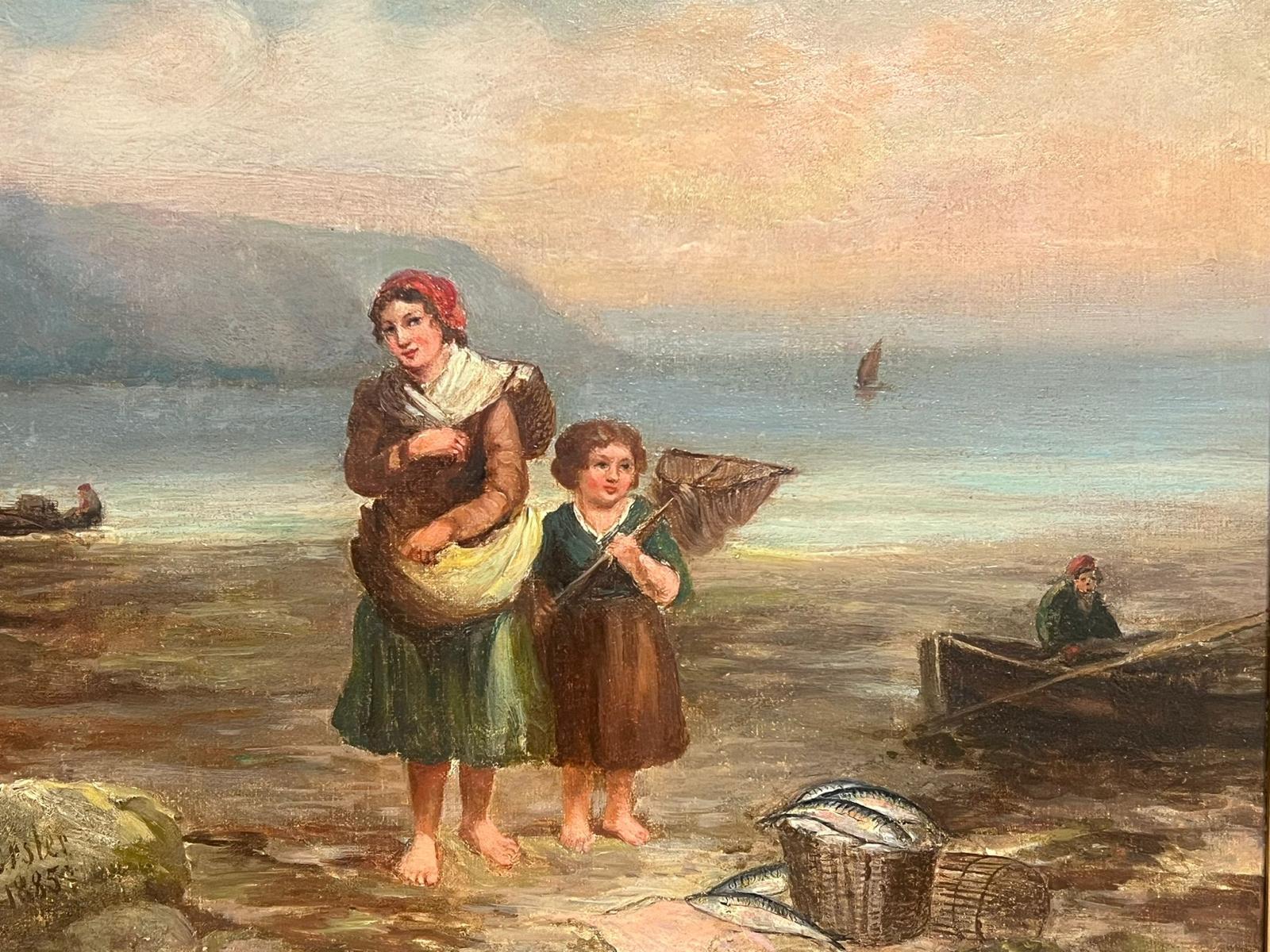 Signed Victorian Oil Painting d.1885 Fisherfolk on Coastal Shore Nets & Catch For Sale 3