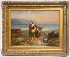 Signed Victorian Oil Painting d.1885 Fisherfolk on Coastal Shore Nets & Catch