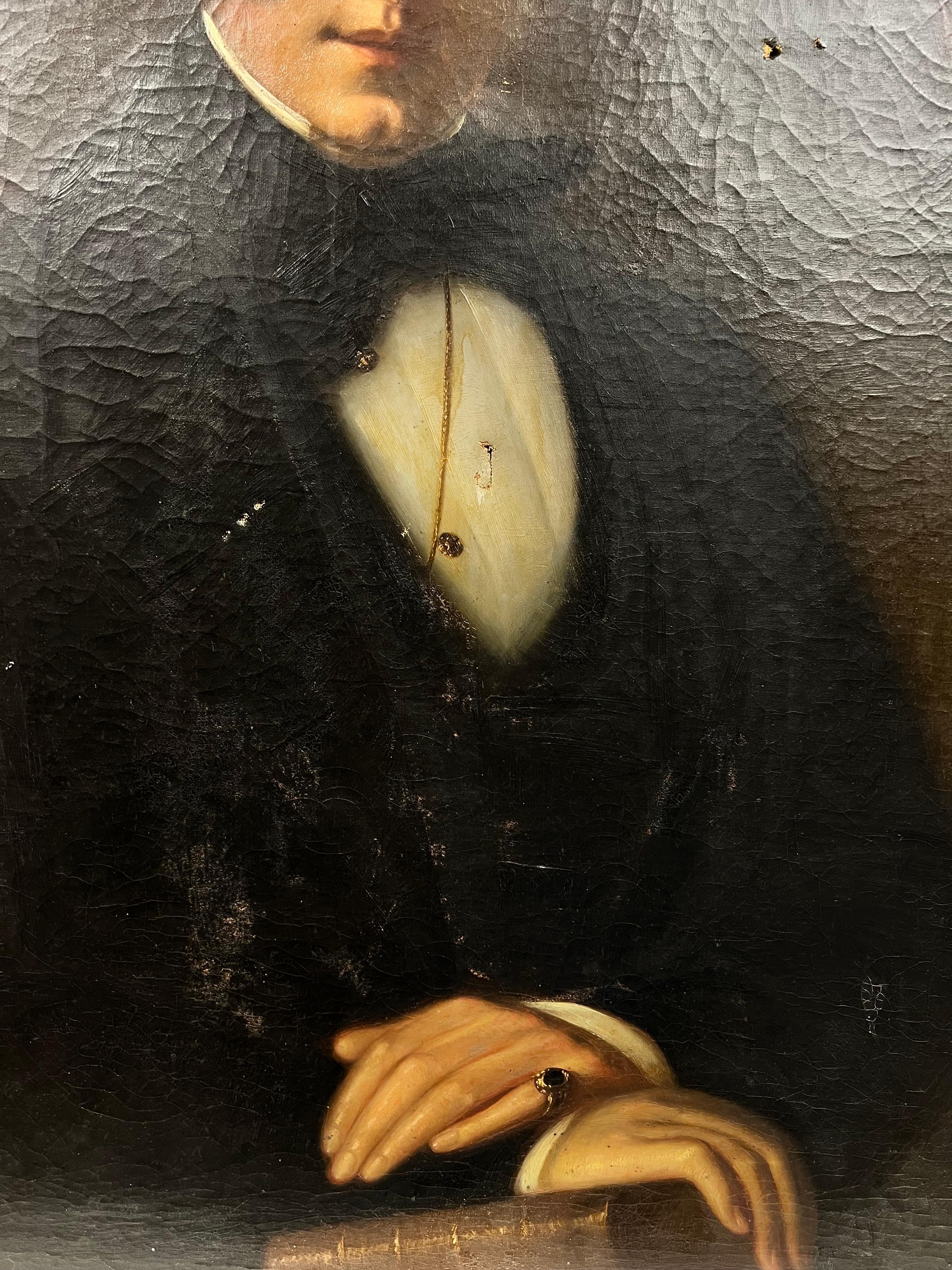 Very Large Mid 19th Century Portrait of Gentleman with Signet Ring Leather Book - Painting by Victorian English Oil 