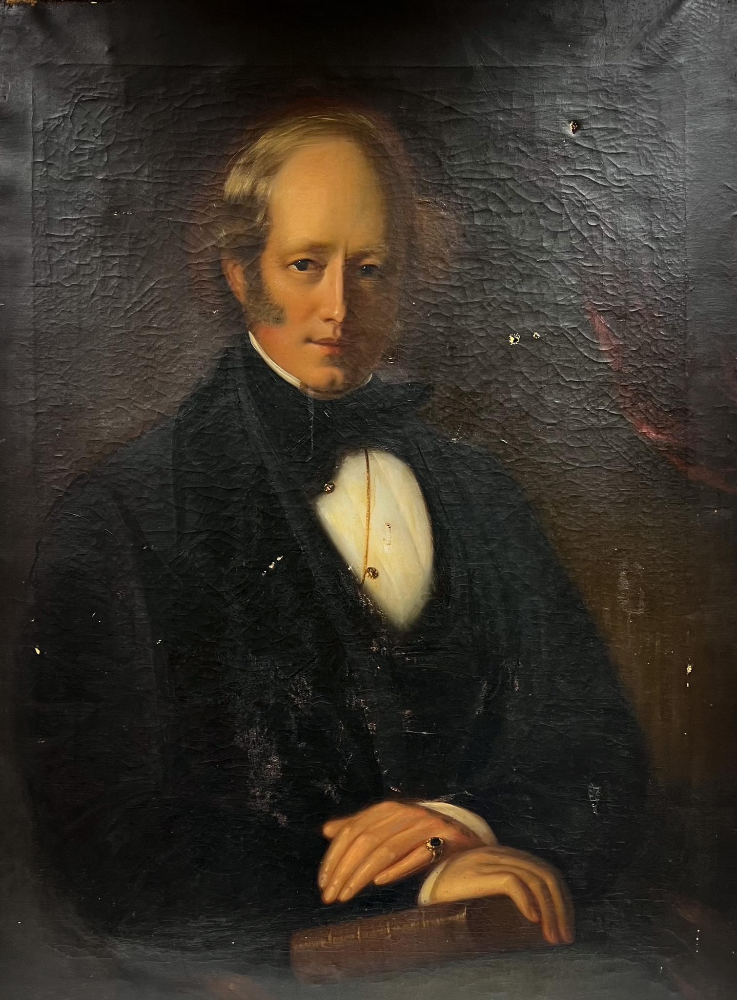 Victorian English Oil  Portrait Painting - Very Large Mid 19th Century Portrait of Gentleman with Signet Ring Leather Book
