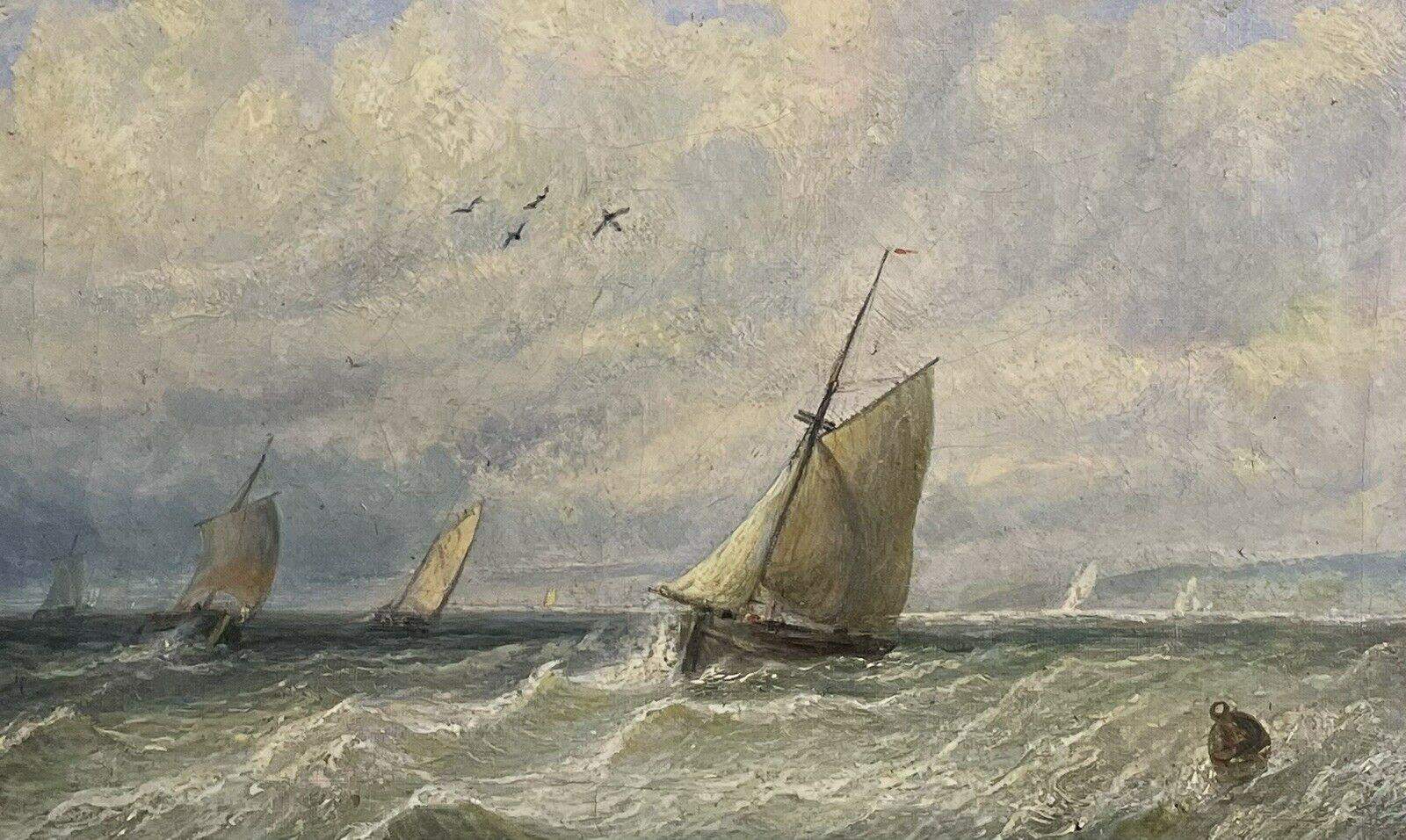 Artist/ School: English School, 19th century

Title: Fishing Boats at sea, with a distant coastline. 

Medium: signed oil painting on canvas, framed.

Size:

framed:   15.5  x  19.5 inches
canvas:   10 x 14  inches

Provenance: private collection,