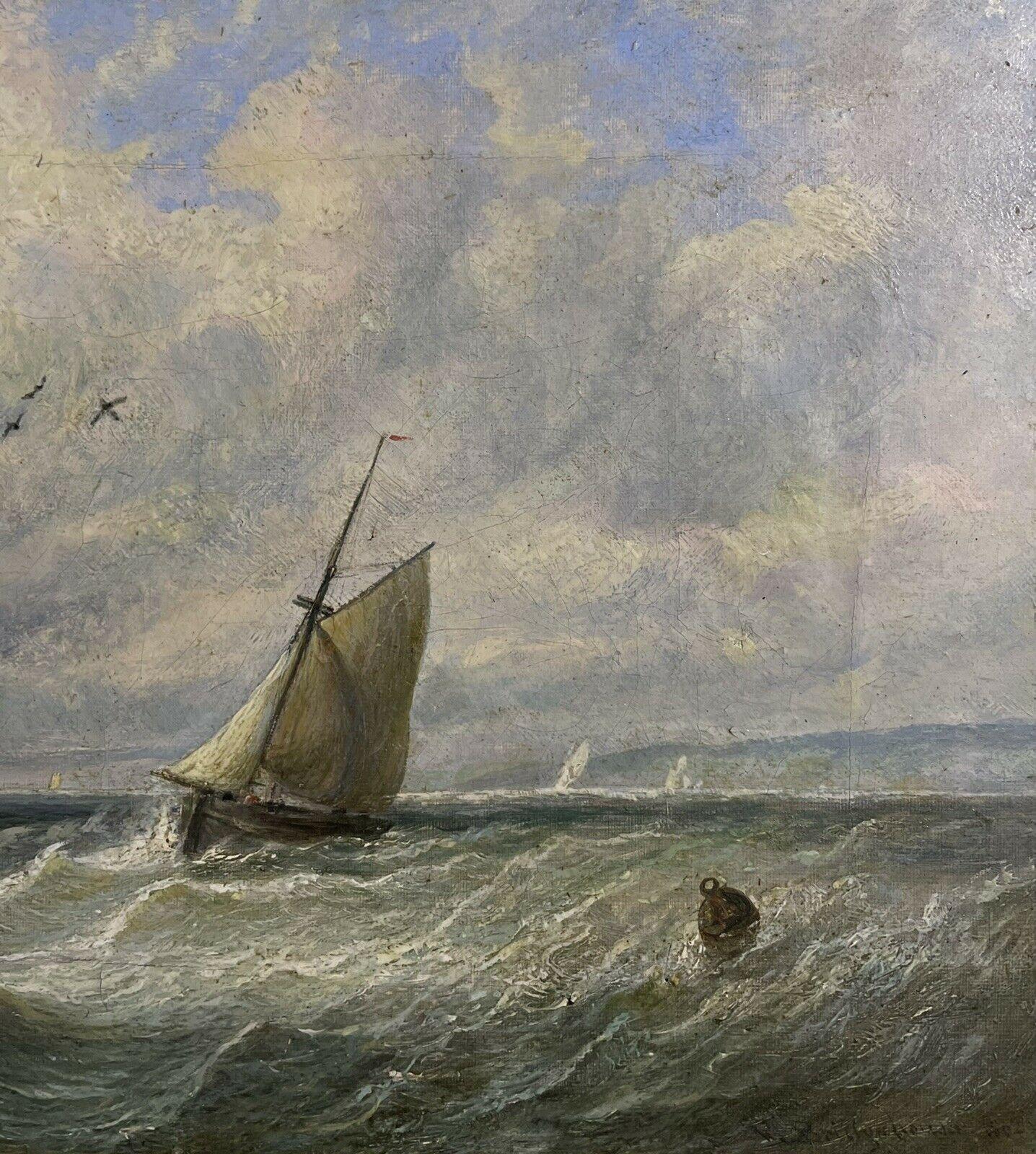 19th Century English Marine Oil Painting Fishing Boats at Sea off Coastline 1