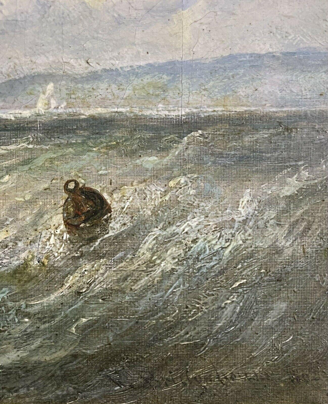19th Century English Marine Oil Painting Fishing Boats at Sea off Coastline 2