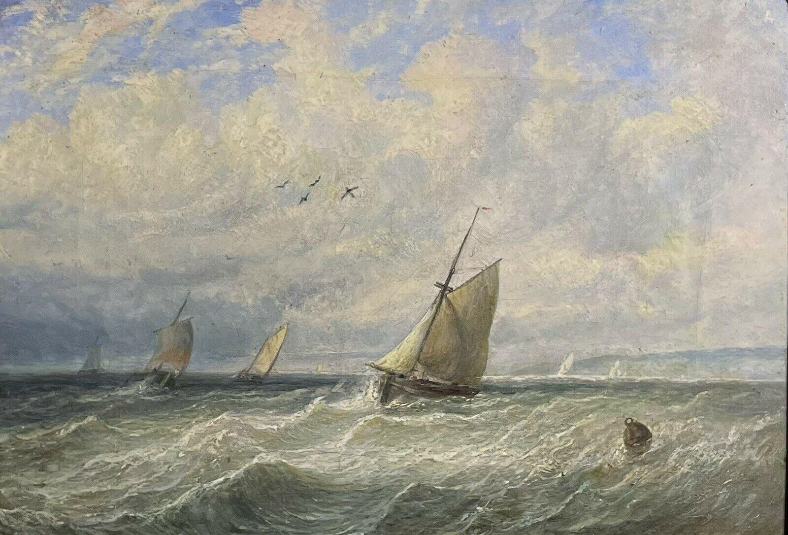 Victorian English Landscape Painting - 19th Century English Marine Oil Painting Fishing Boats at Sea off Coastline