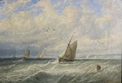 Antique 19th Century English Marine Oil Painting Fishing Boats at Sea off Coastline