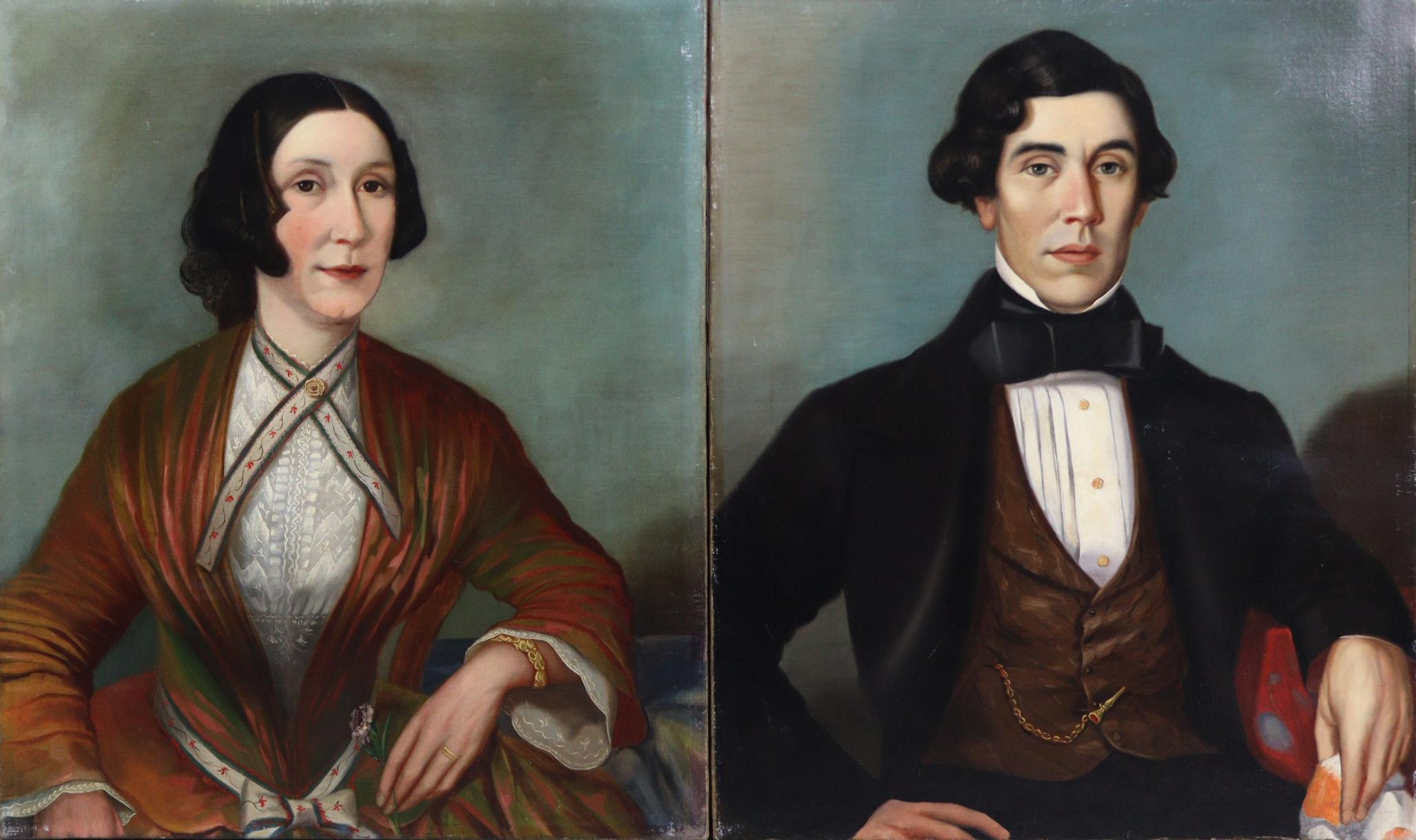 Victorian English Portrait Painting - 19th Century English Pair of Oil Paintings - Portraits of Husband & Wife Couple