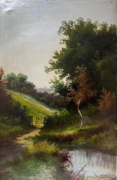Antique 19th Century English Oil Painting Rural Field Stream & Gate