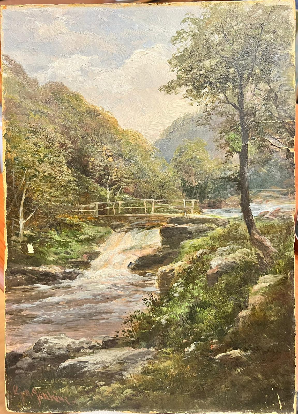 Pintura al óleo Antique British para restaurar - Paisaje de las Highlands con cascada - Painting de Victorian English