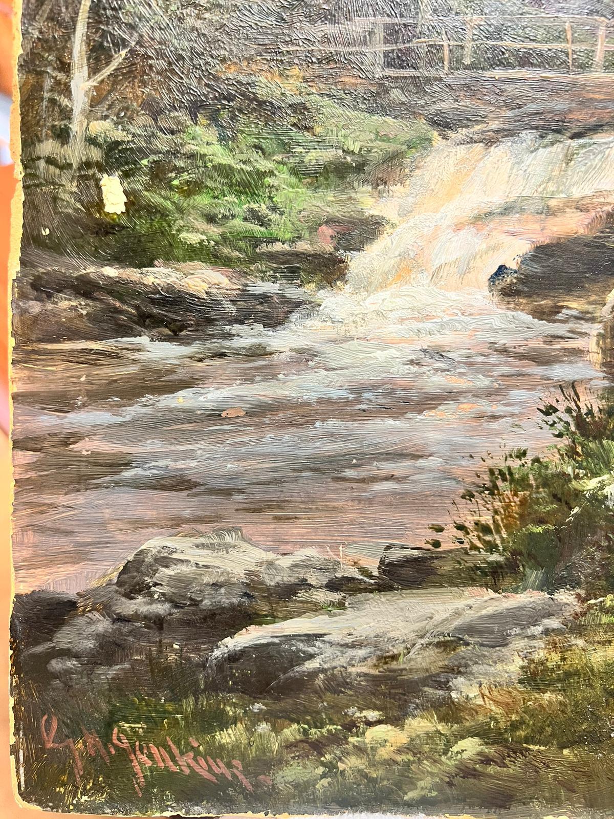 The Highland Waterfall
British School, late 19th century
oil on board
board: 14 x 10 inches
provenance: private collection, UK
condition: sound but with paint loss and some damage to board; it is sold as a restoration project. 
