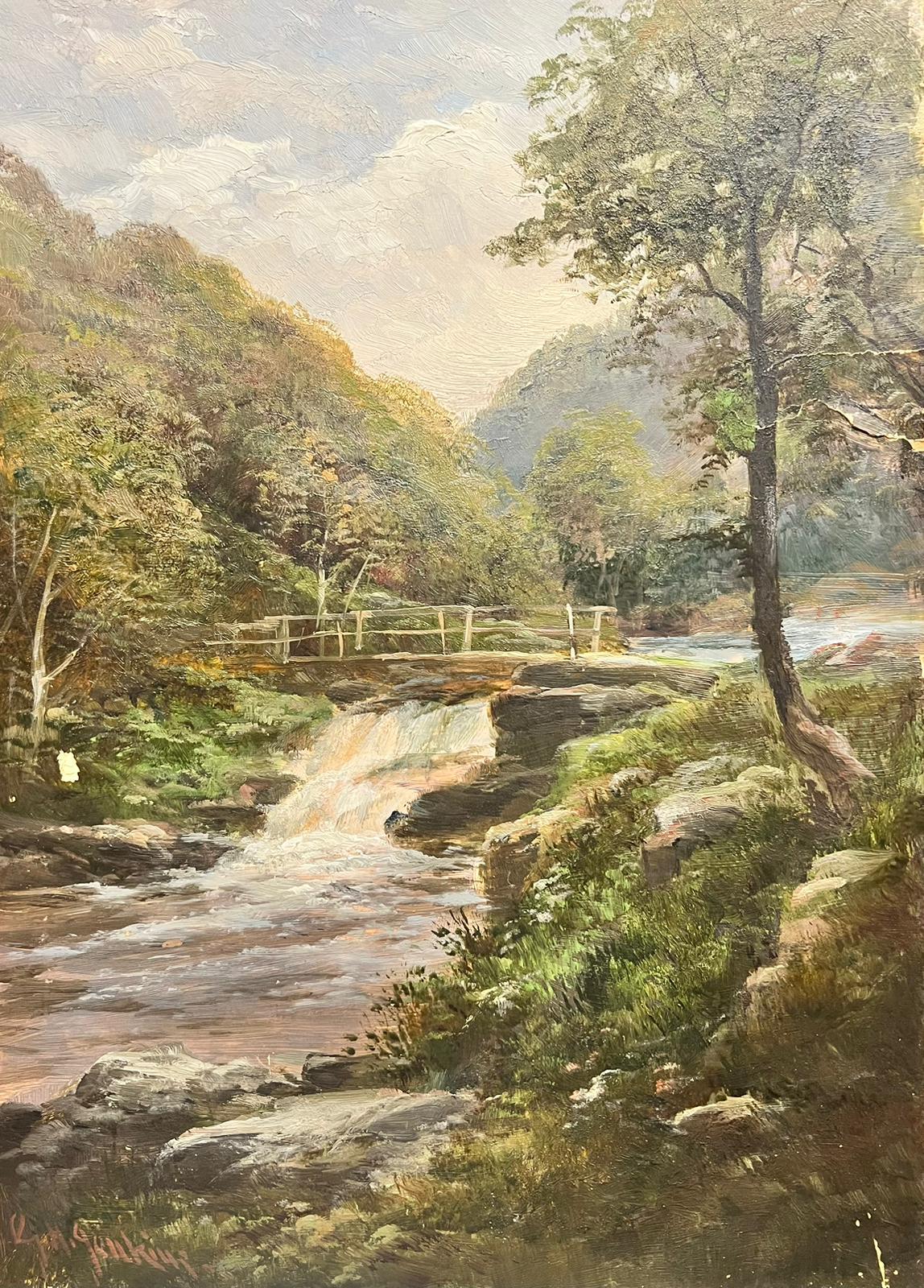Peinture à l'huile britannique ancienne à restaurer - Paysage des Highlands avec cascade