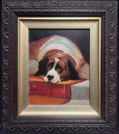Antique English Dog Oil Painting on Canvas Wooden Frame & Signed