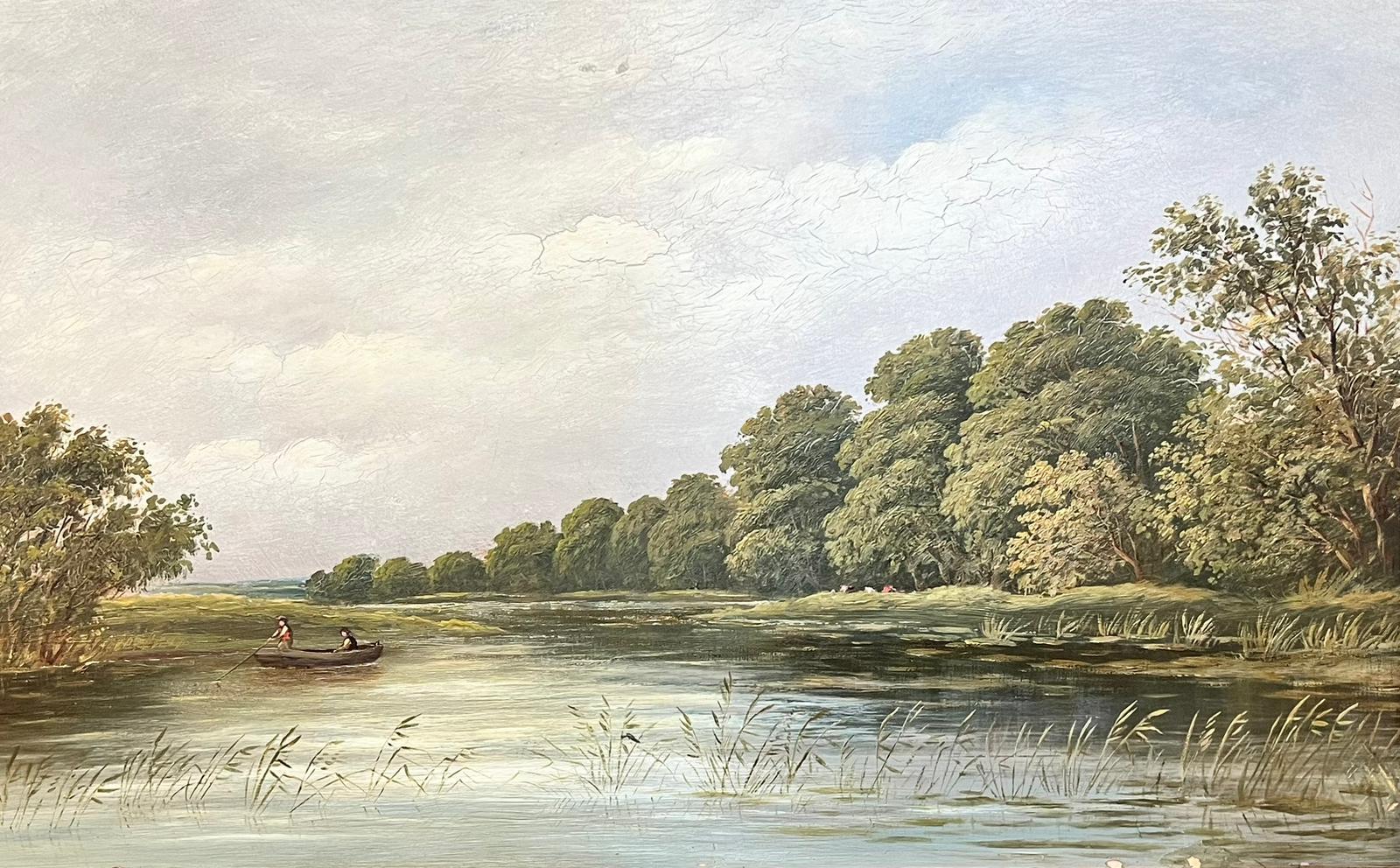 Antique English Oil Two Figures in Punt Boat River Landscape Gilt Frame - Painting by Victorian English