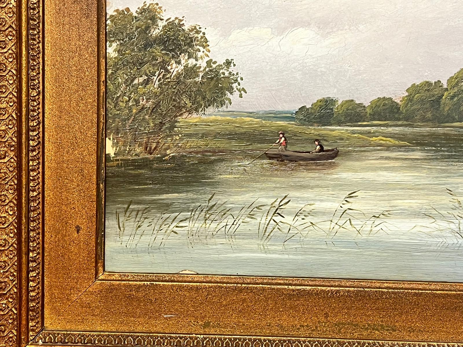 Antique English Oil Two Figures in Punt Boat River Landscape Gilt Frame - Victorian Painting by Victorian English