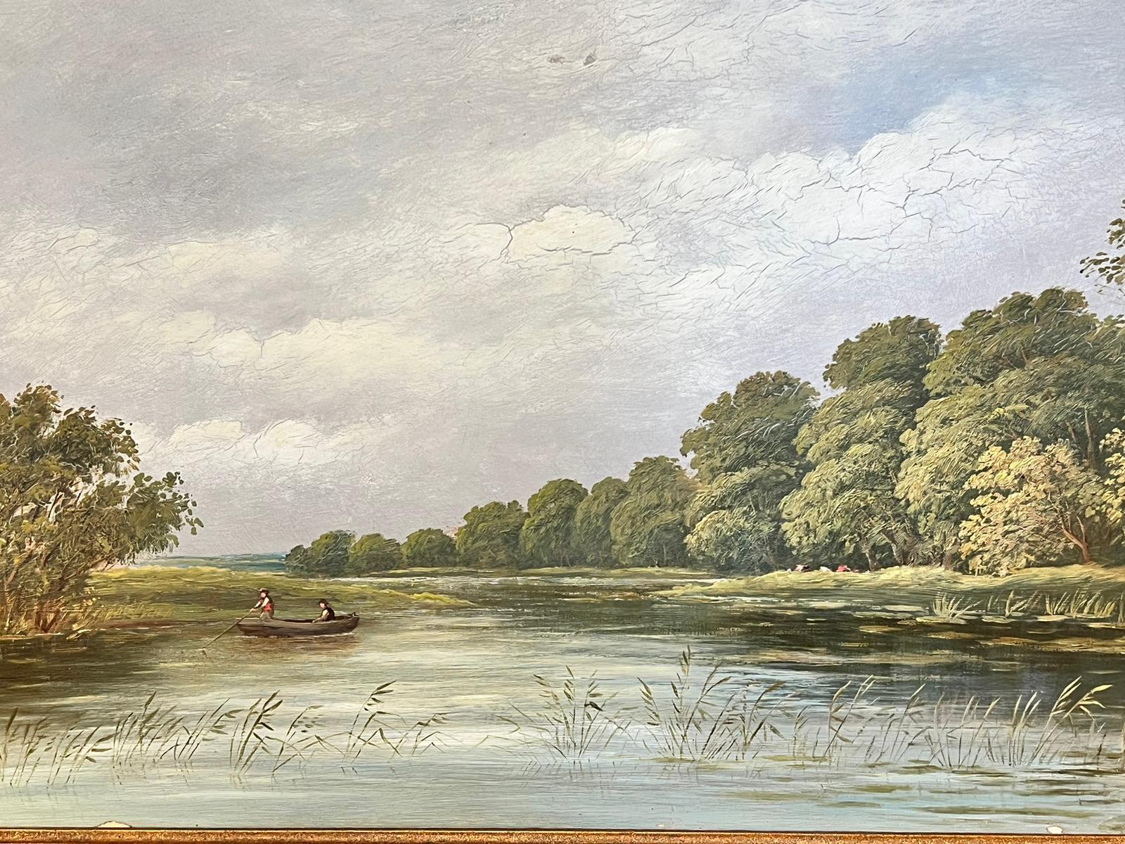 Antique English Oil Two Figures in Punt Boat River Landscape Gilt Frame 1