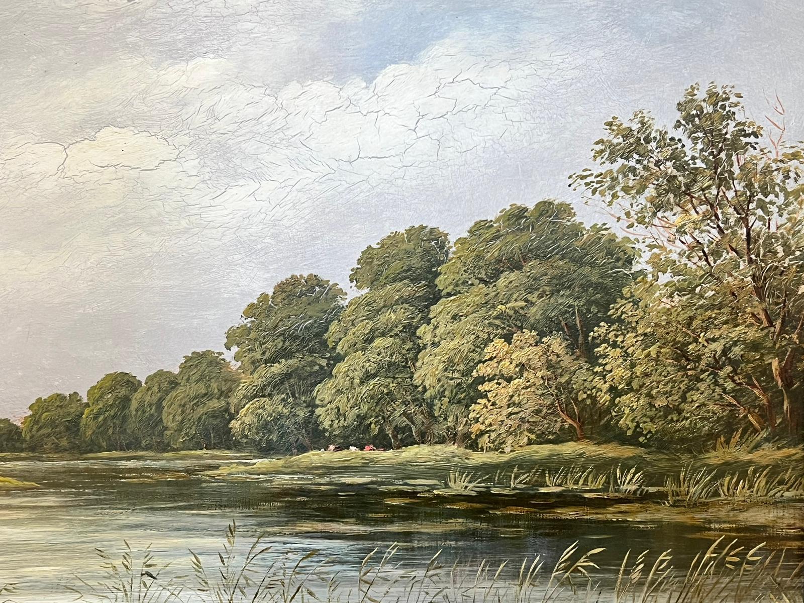 Antique English Oil Two Figures in Punt Boat River Landscape Gilt Frame 2