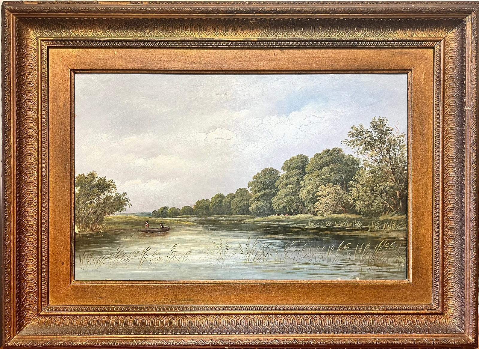 Victorian English Figurative Painting - Antique English Oil Two Figures in Punt Boat River Landscape Gilt Frame