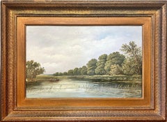 Antique English Oil Two Figures in Punt Boat River Landscape Gilt Frame