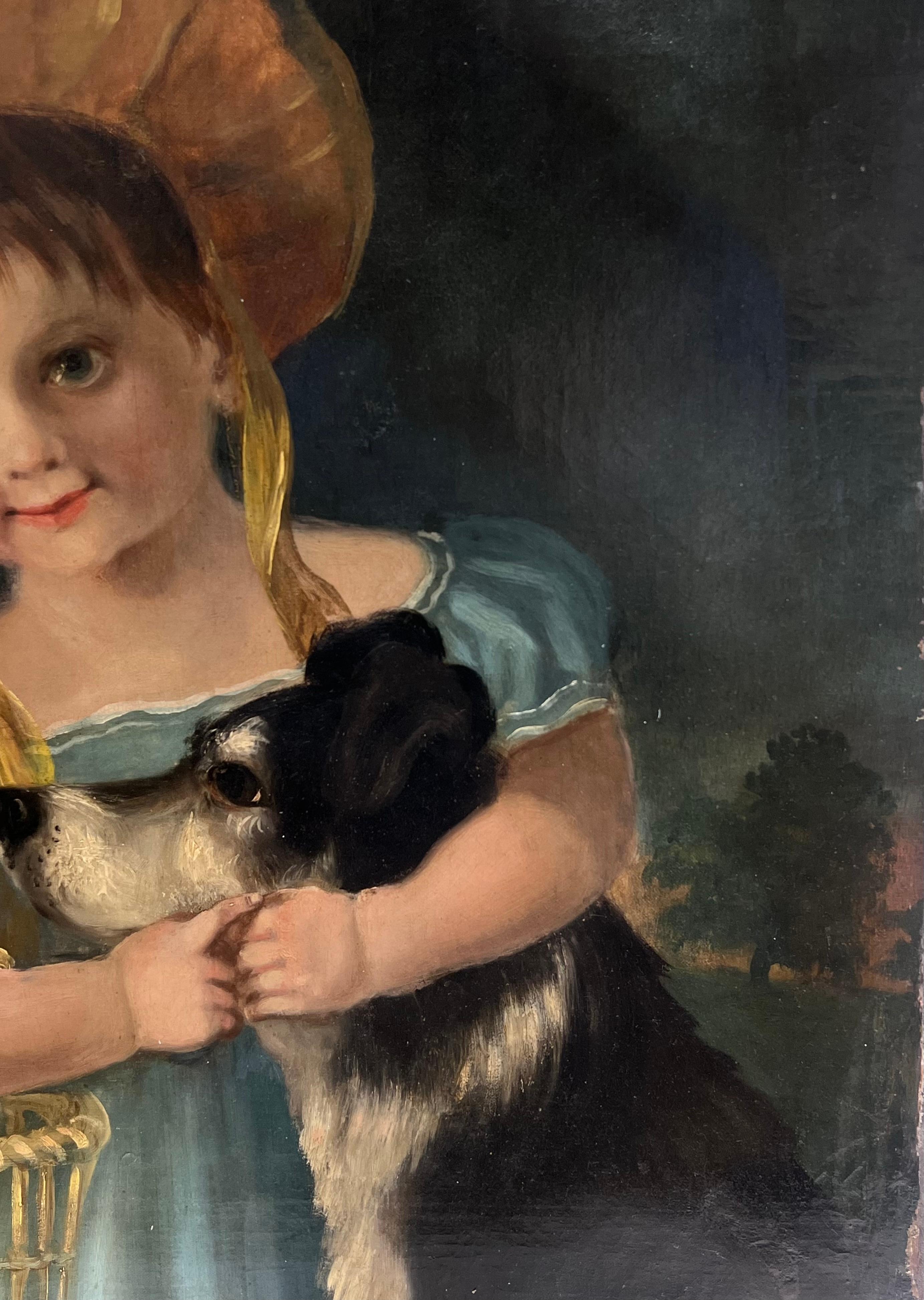Antique English Victorian Oil Painting Young Child with Her Pet Dog & Flowers en vente 2