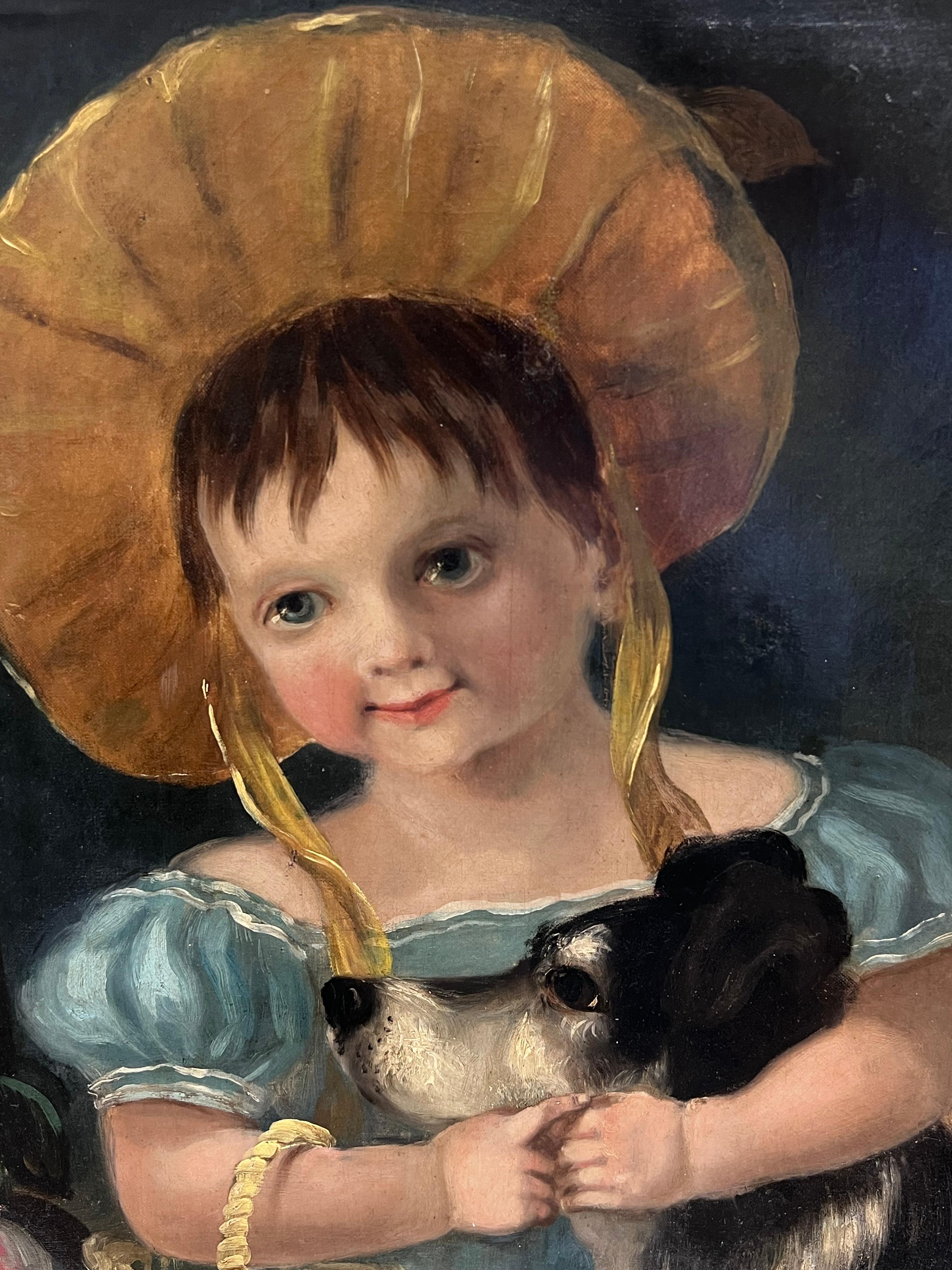 Antique English Victorian Oil Painting Young Child with Her Pet Dog & Flowers en vente 3