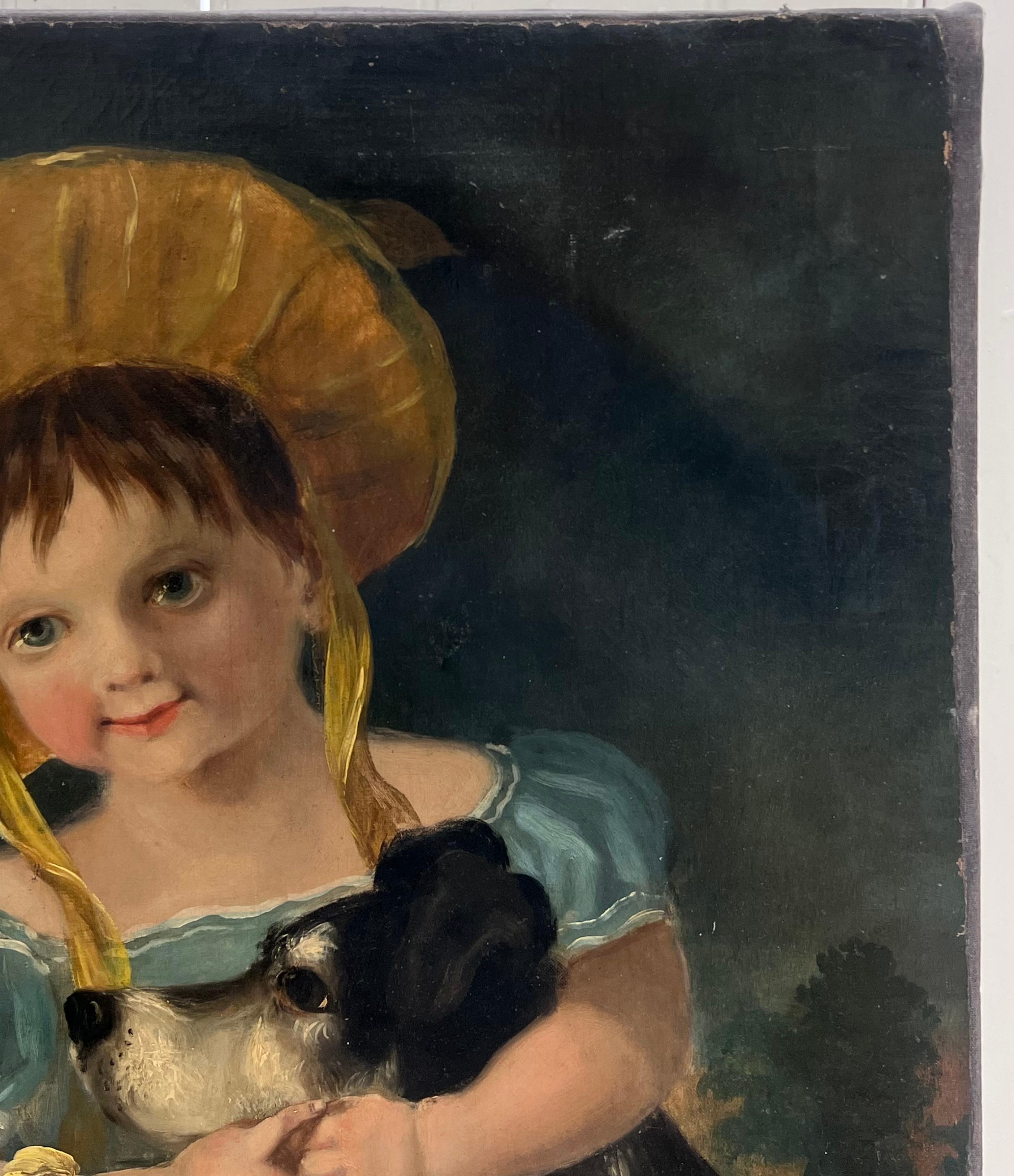 Antique English Victorian Oil Painting Young Child with Her Pet Dog & Flowers en vente 4
