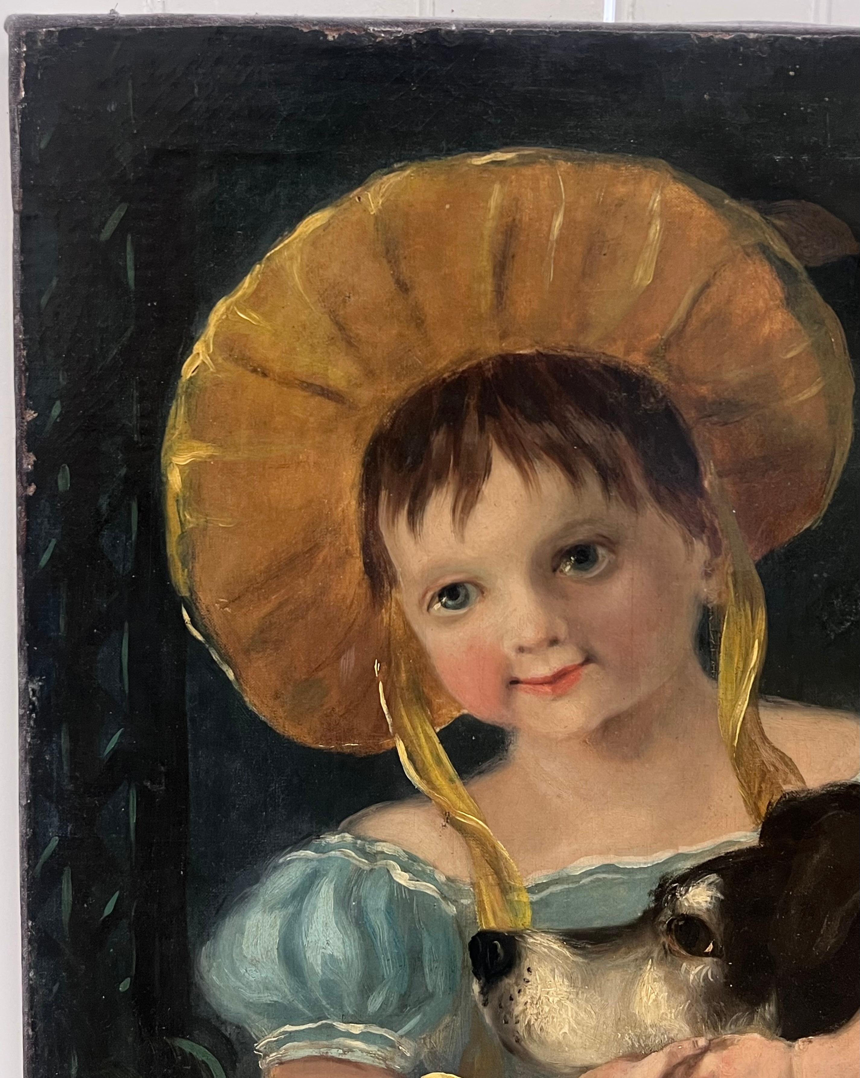 Antique English Victorian Oil Painting Young Child with Her Pet Dog & Flowers en vente 5
