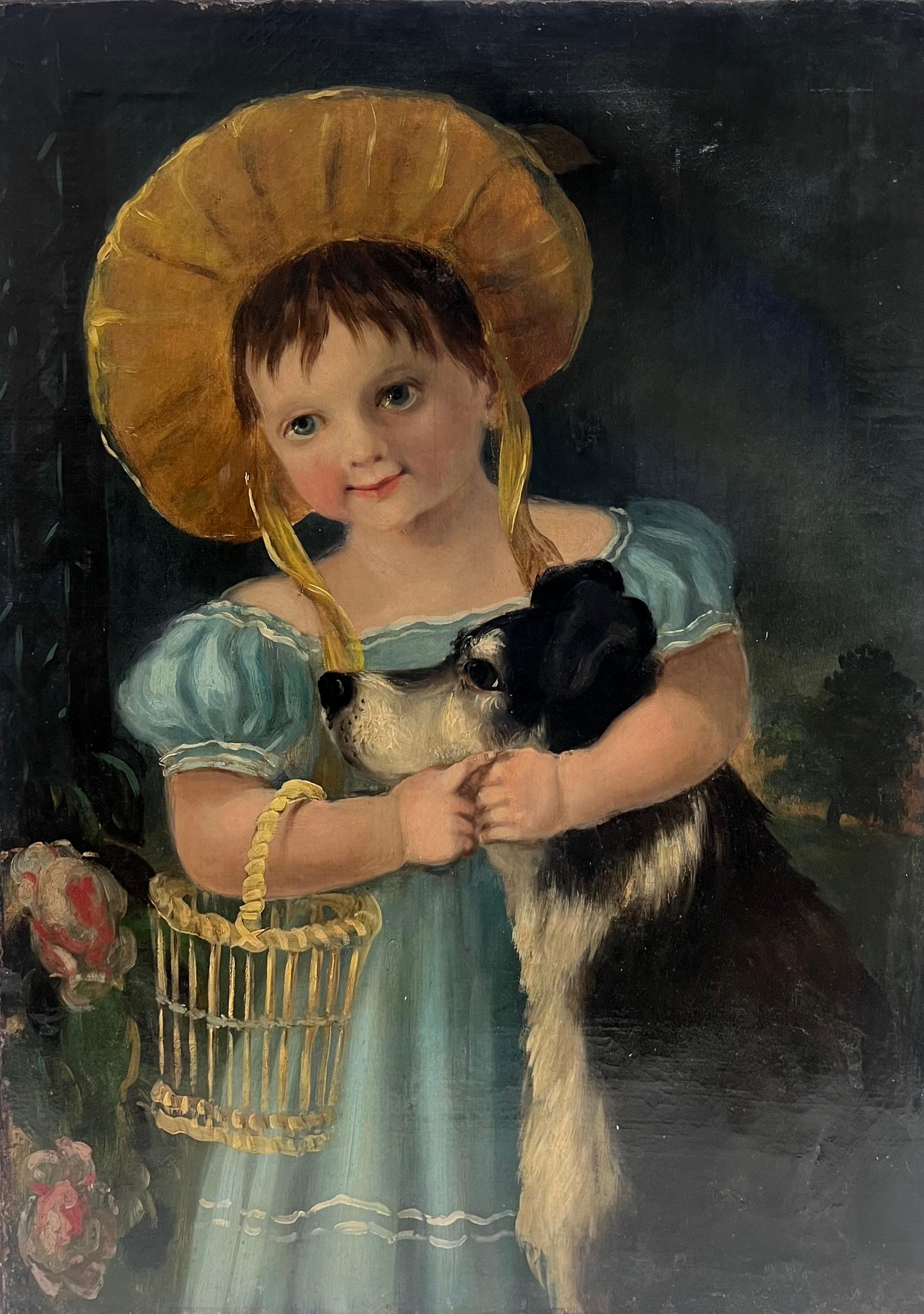 Portrait Painting Victorian English - Antique English Victorian Oil Painting Young Child with Her Pet Dog & Flowers