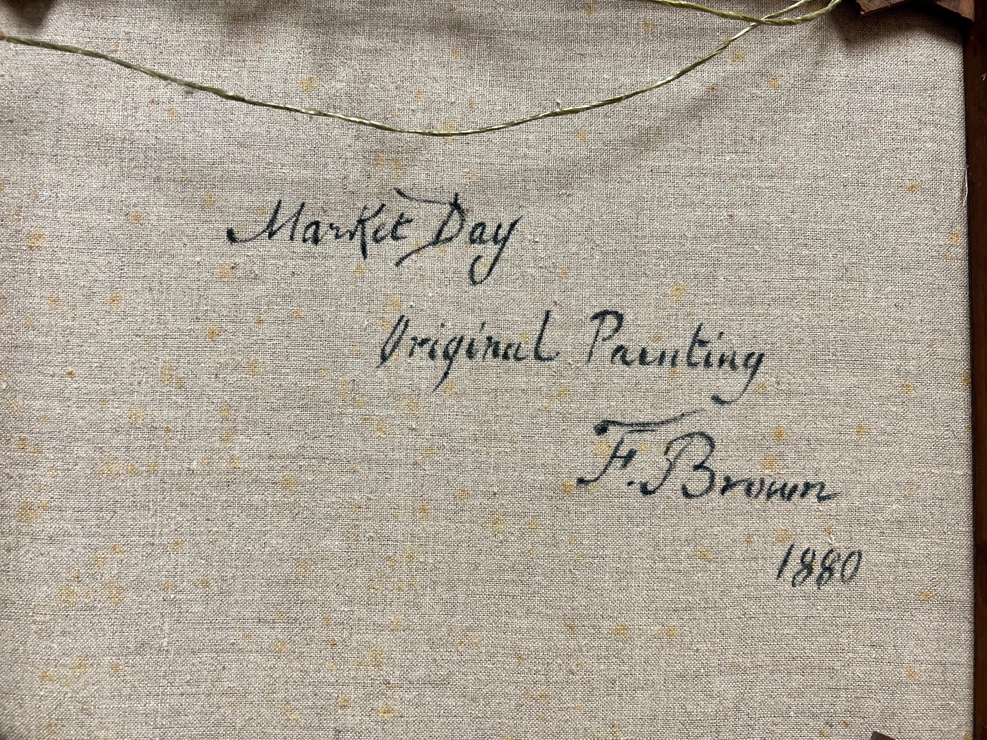 Artist/ School: F. Brown, English 19th century, signed and dated 1880 and inscribed verso

Title: 'Market Day', a farmer on horseback leading cattle through a rural lane to the market. 

Medium: oil on canvas, framed

Framed: 19.5 x 25.5